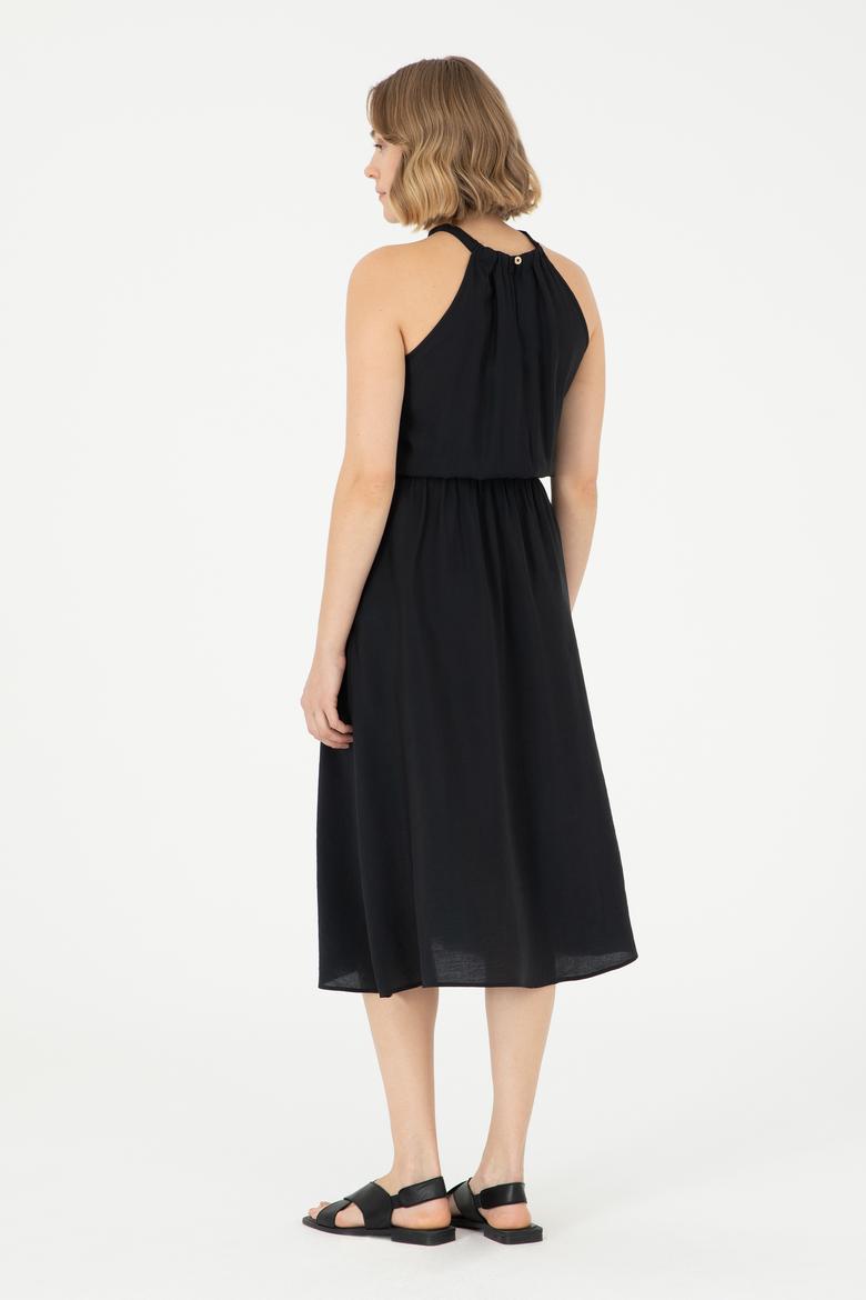 Kadın Siyah Midi Boy Dokuma Elbise - 50289213013