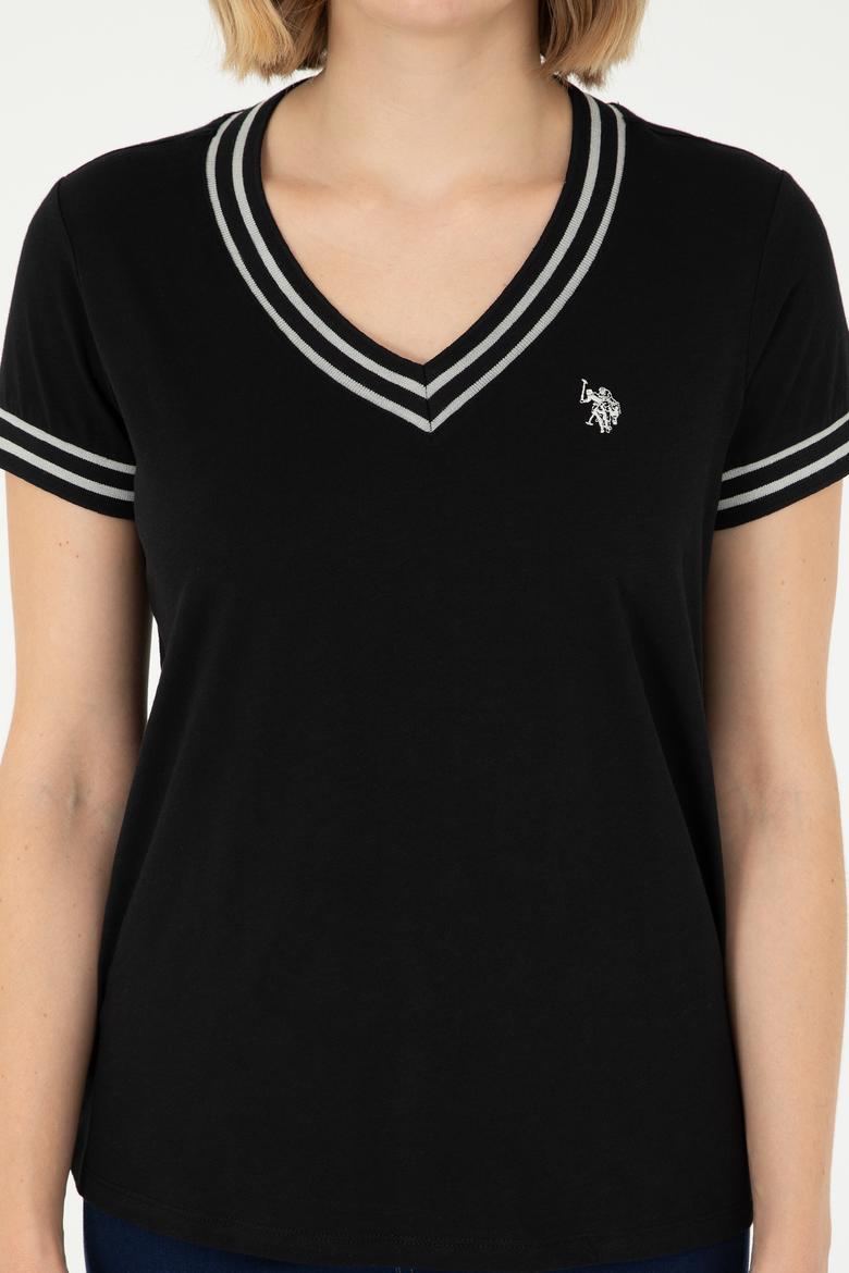 Kadın Siyah V Yaka Tişört - 50285848012