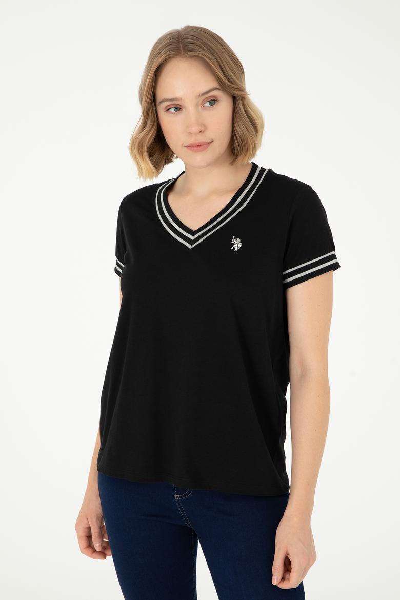 Kadın Siyah V Yaka Tişört - 50285848012