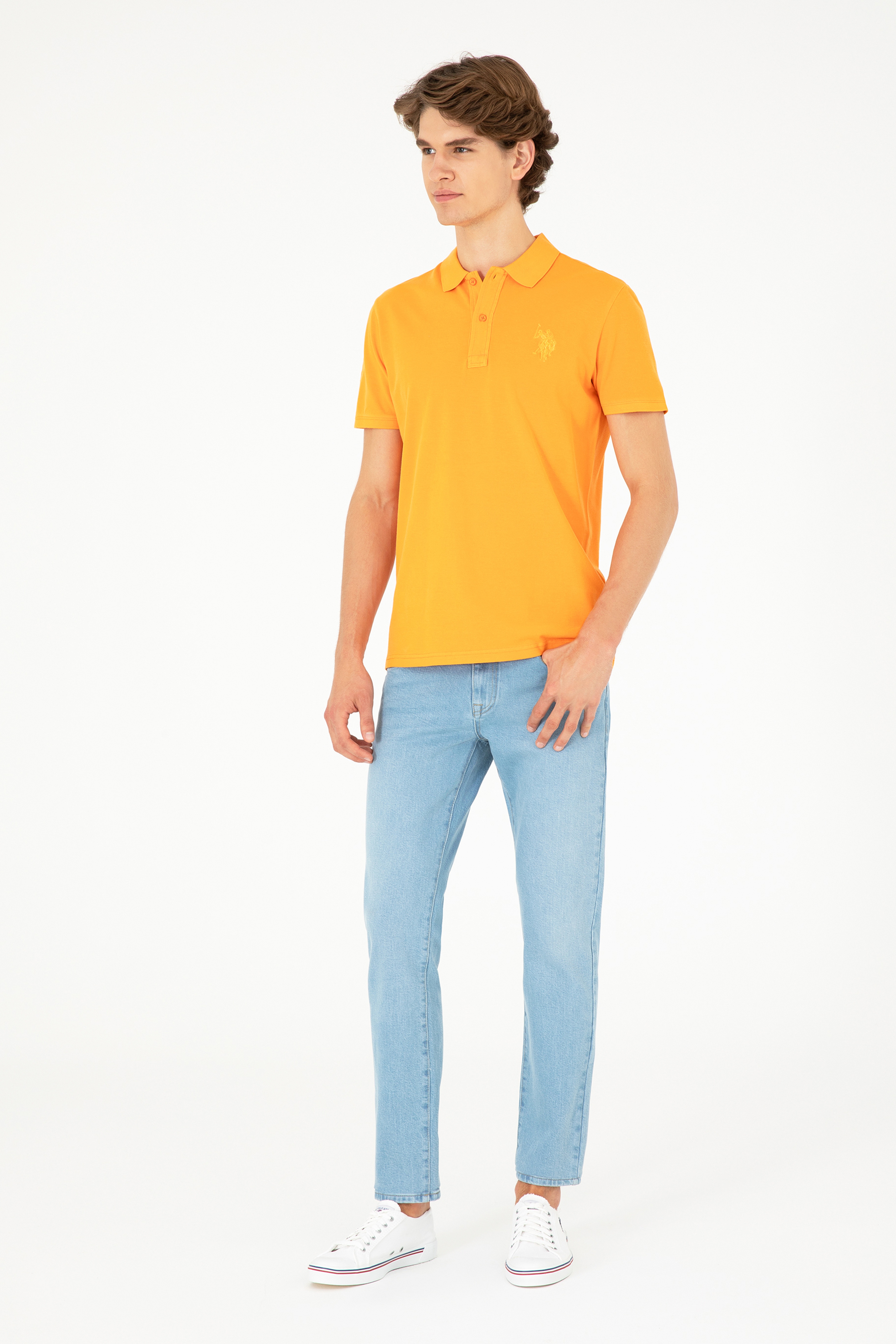 Erkek Slim Fit Polo Yaka Turuncu Basic Tişört