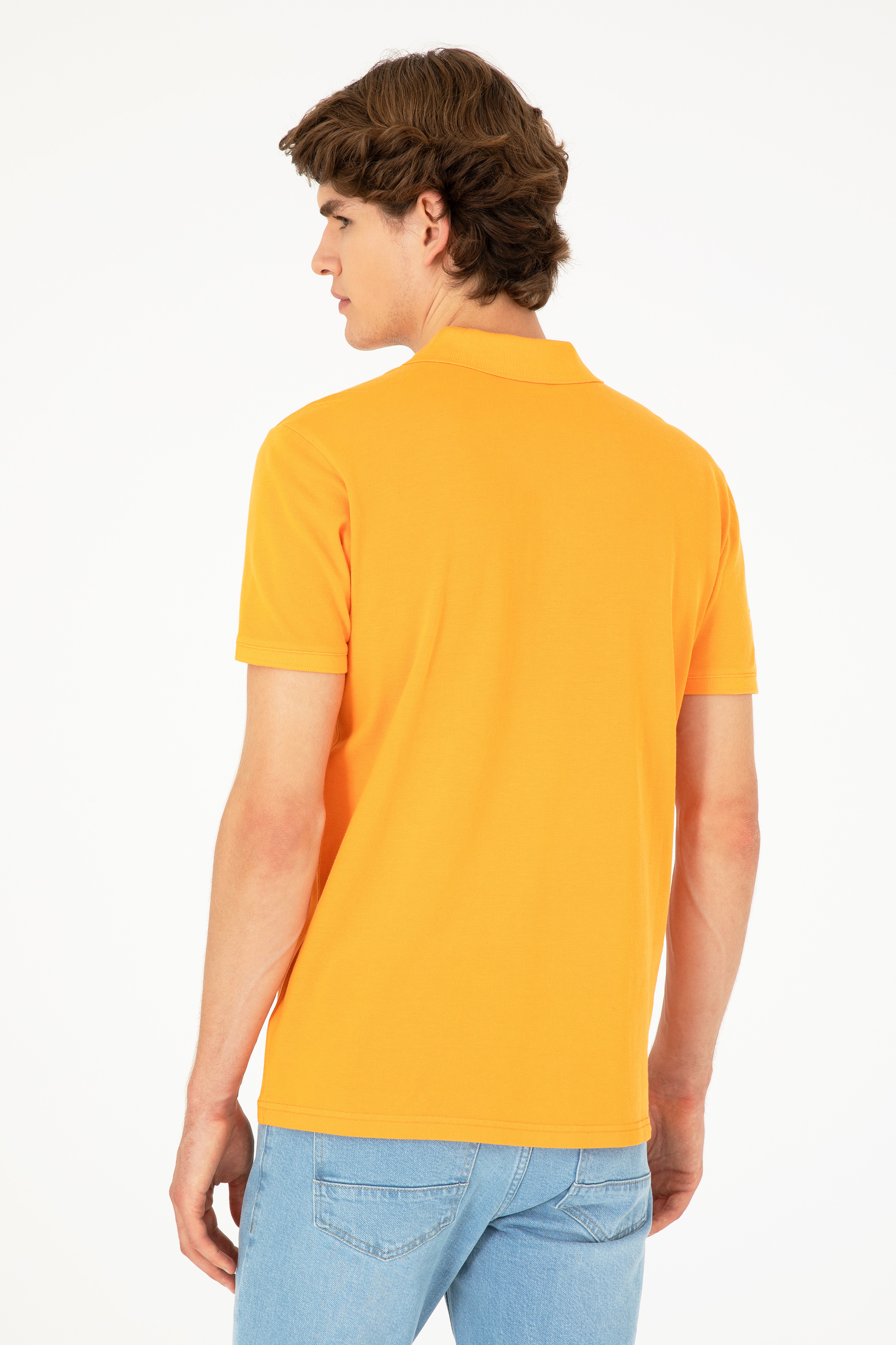 Erkek Slim Fit Polo Yaka Turuncu Basic Tişört - Image 5