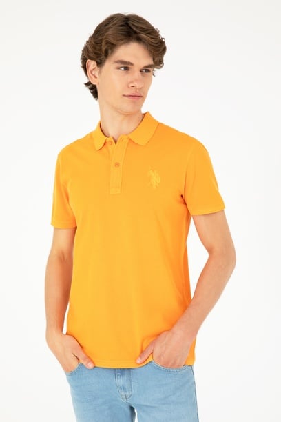 Erkek Slim Fit Polo Yaka Turuncu Basic Tişört