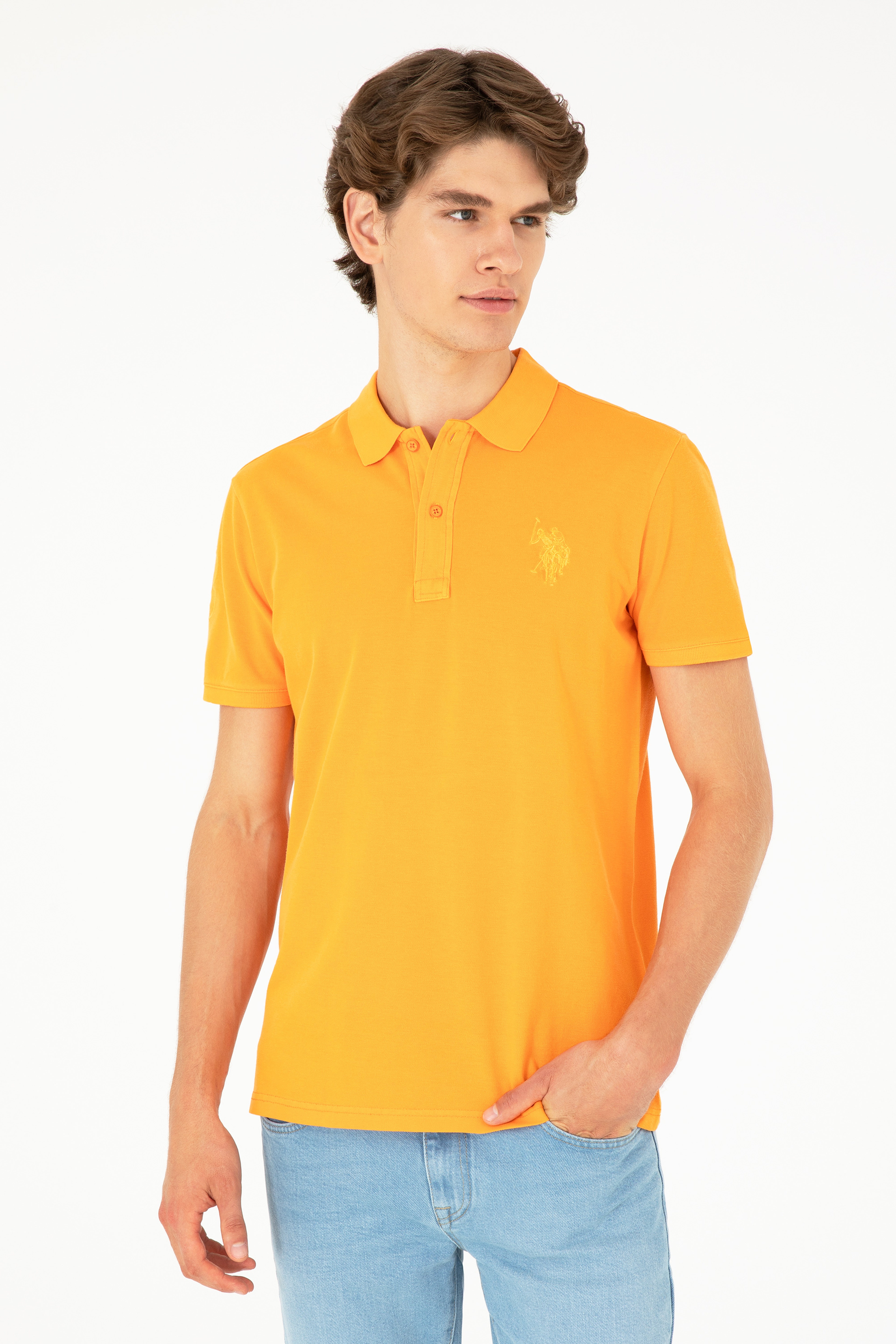 Erkek Slim Fit Polo Yaka Turuncu Basic Tişört - Image 1