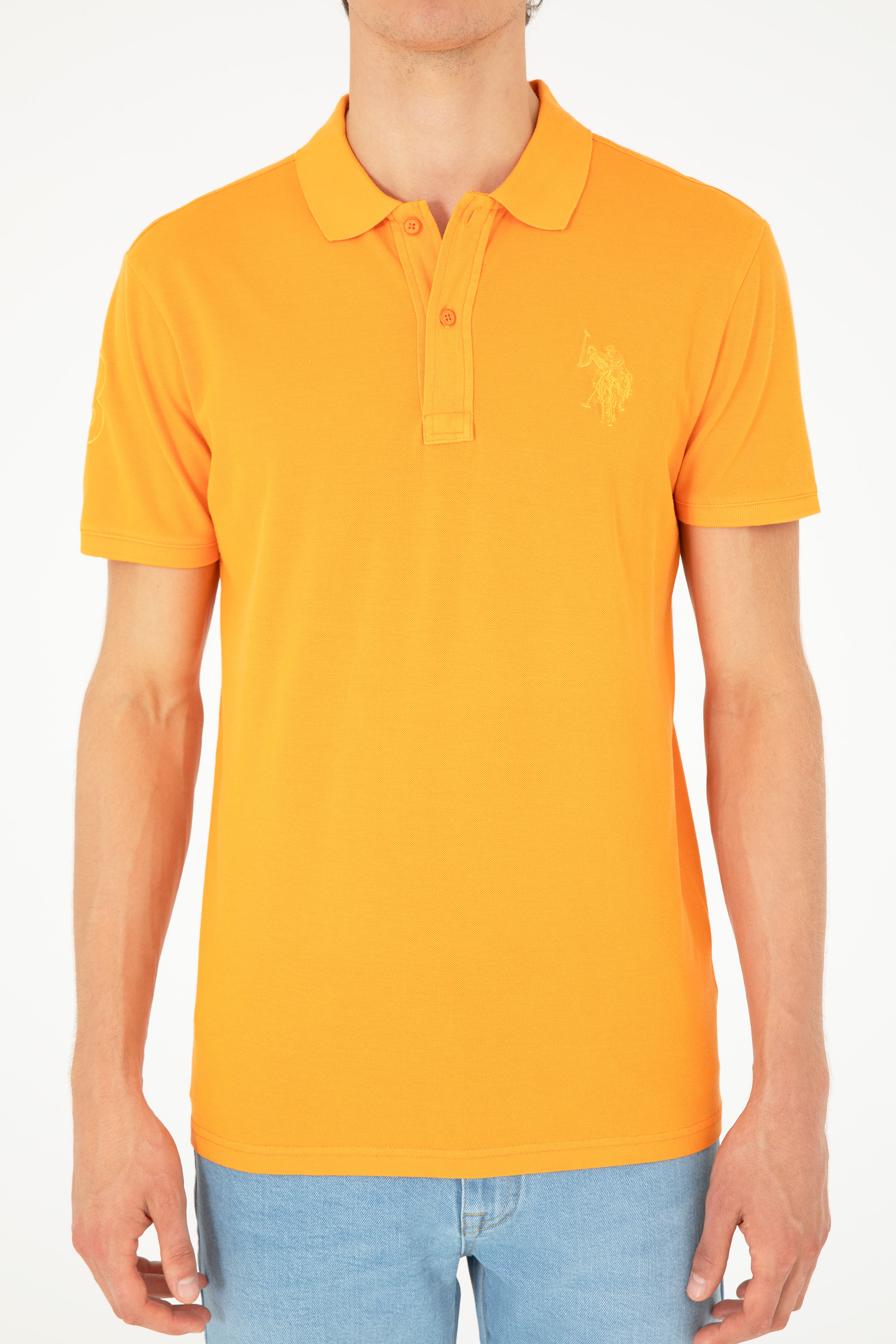 Erkek Slim Fit Polo Yaka Turuncu Basic Tişört
