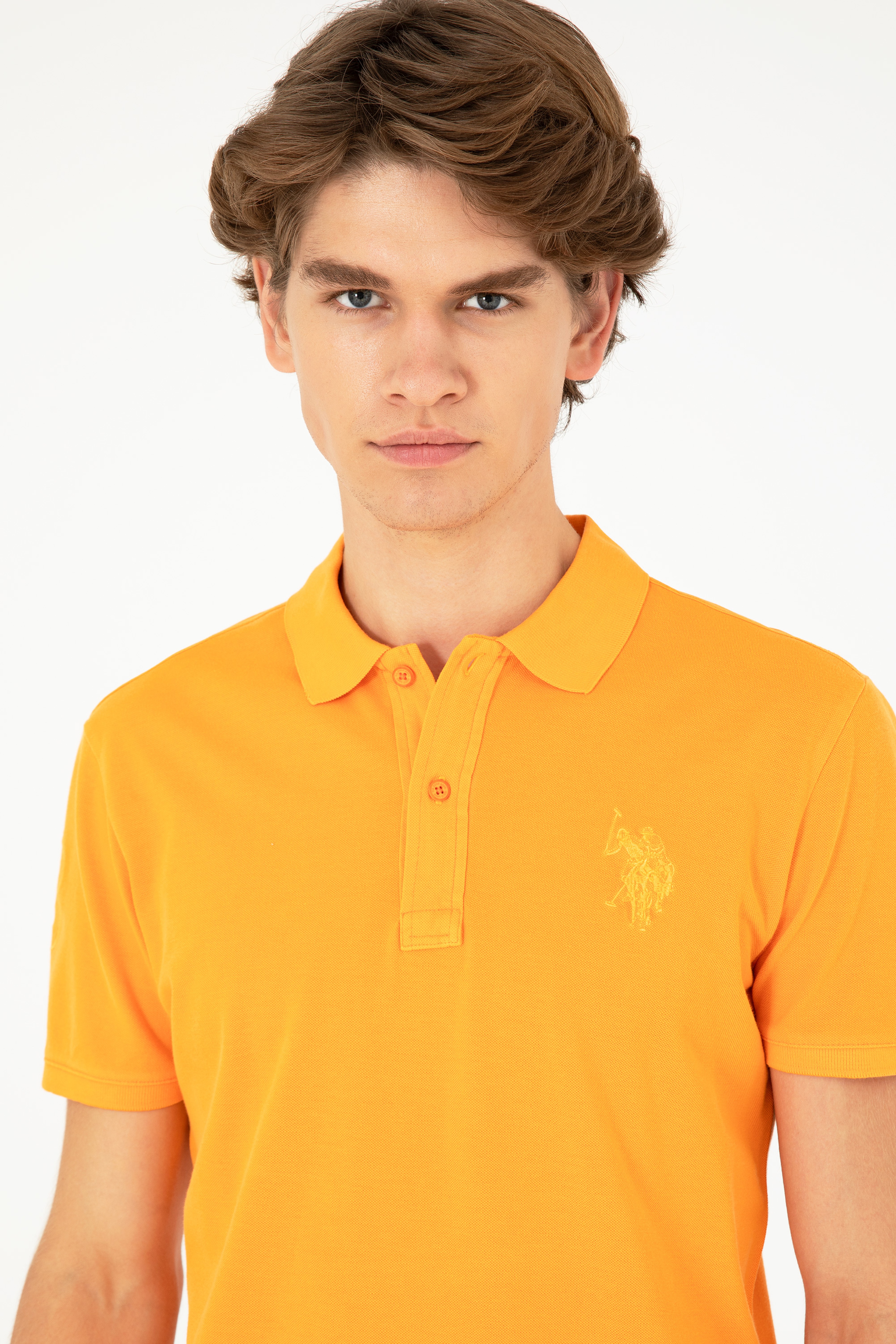 Erkek Slim Fit Polo Yaka Turuncu Basic Tişört - Image 2