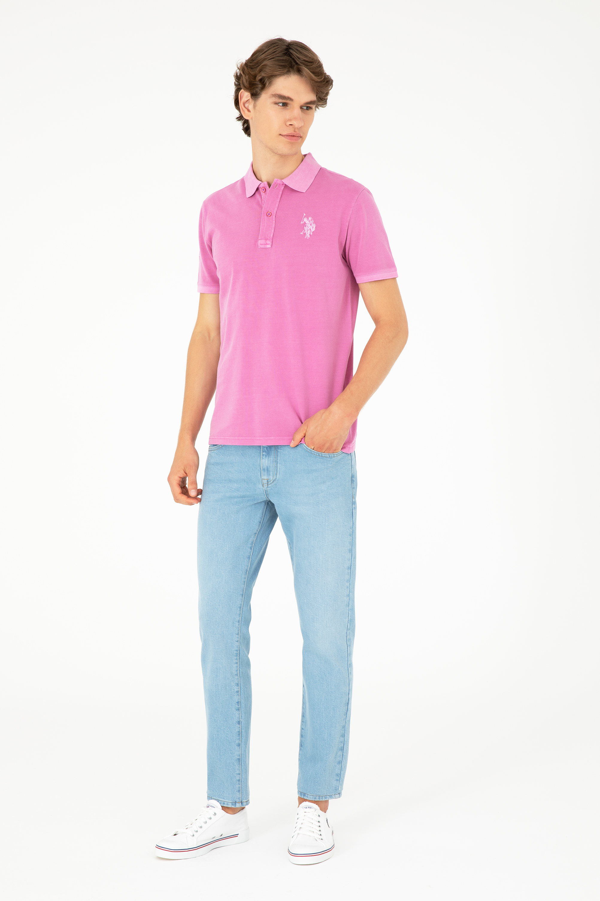 Erkek Slim Fit Polo Yaka Menekşe Basic Tişört - Image 4