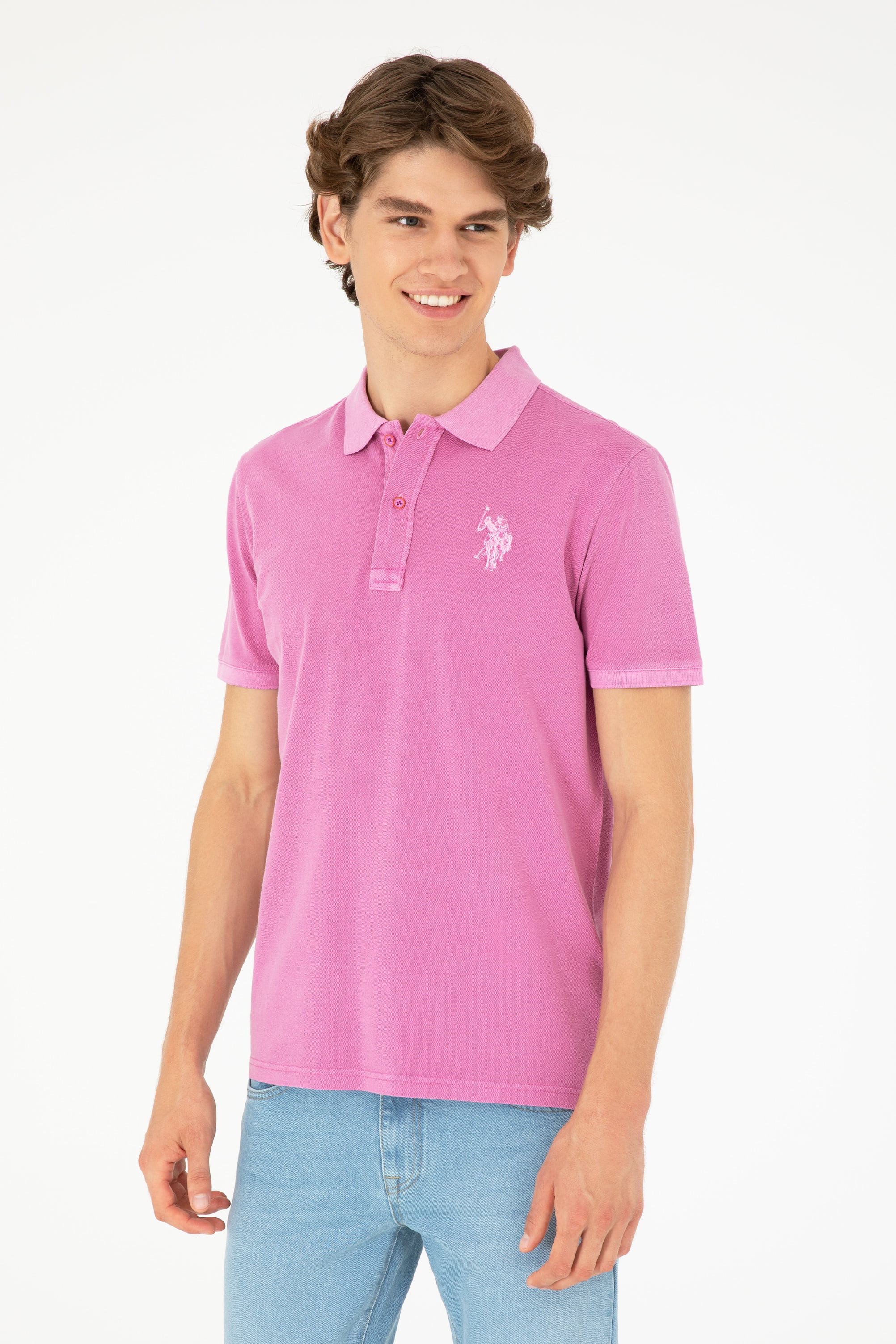 Erkek Slim Fit Polo Yaka Menekşe Basic Tişört - Image 1