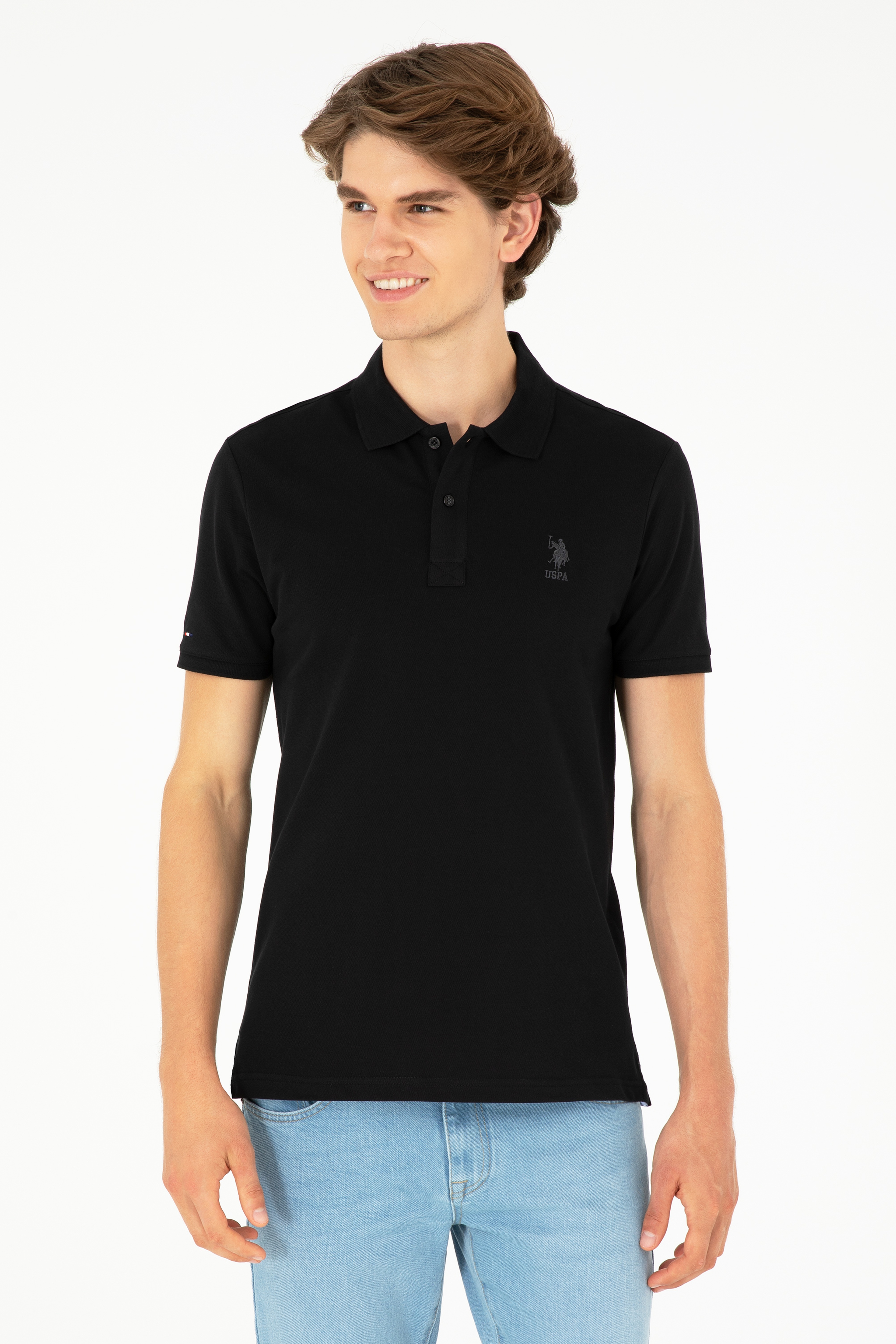 Erkek Slim Fit Polo Yaka Siyah Basic Tişört - Image 1