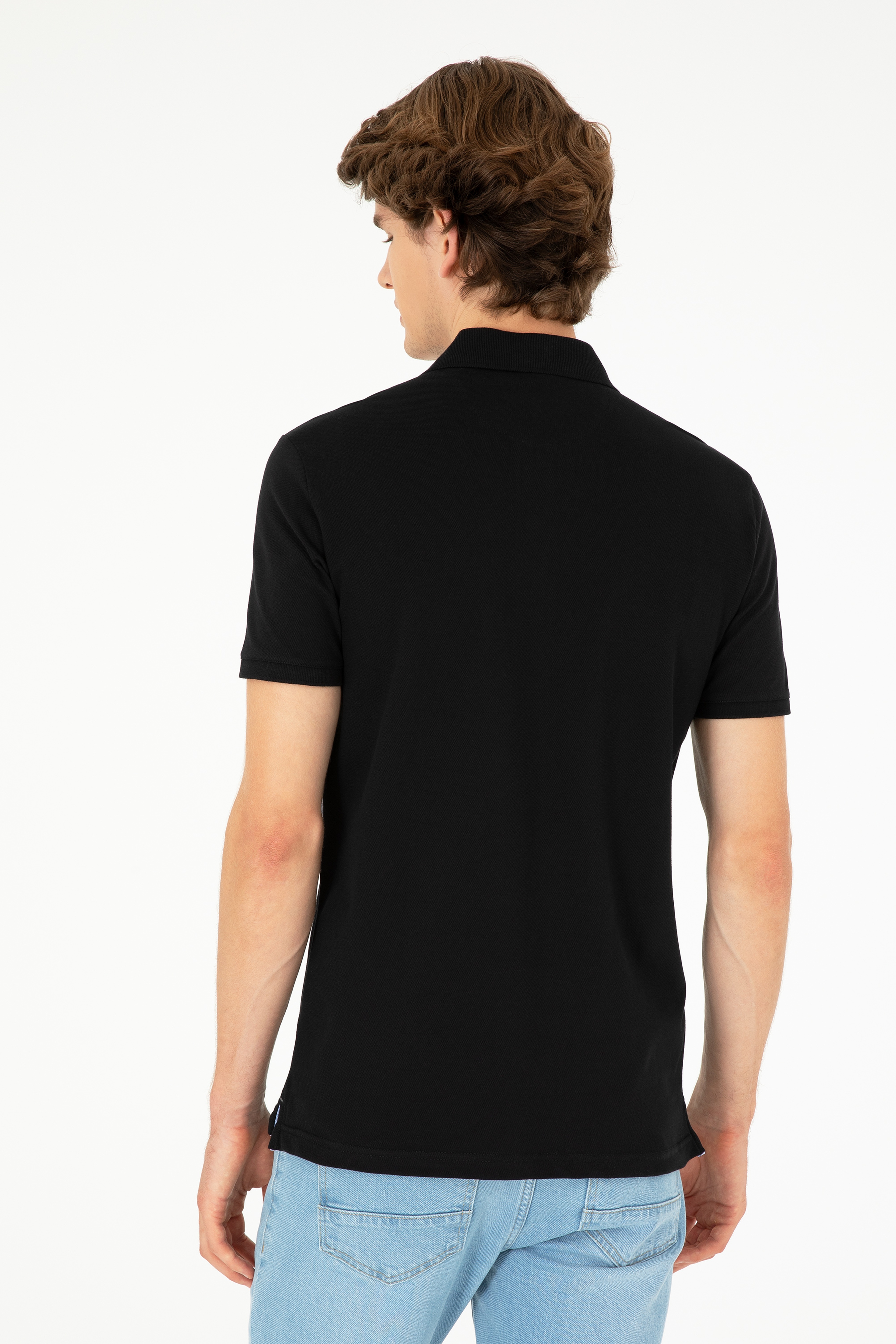Erkek Slim Fit Polo Yaka Siyah Basic Tişört