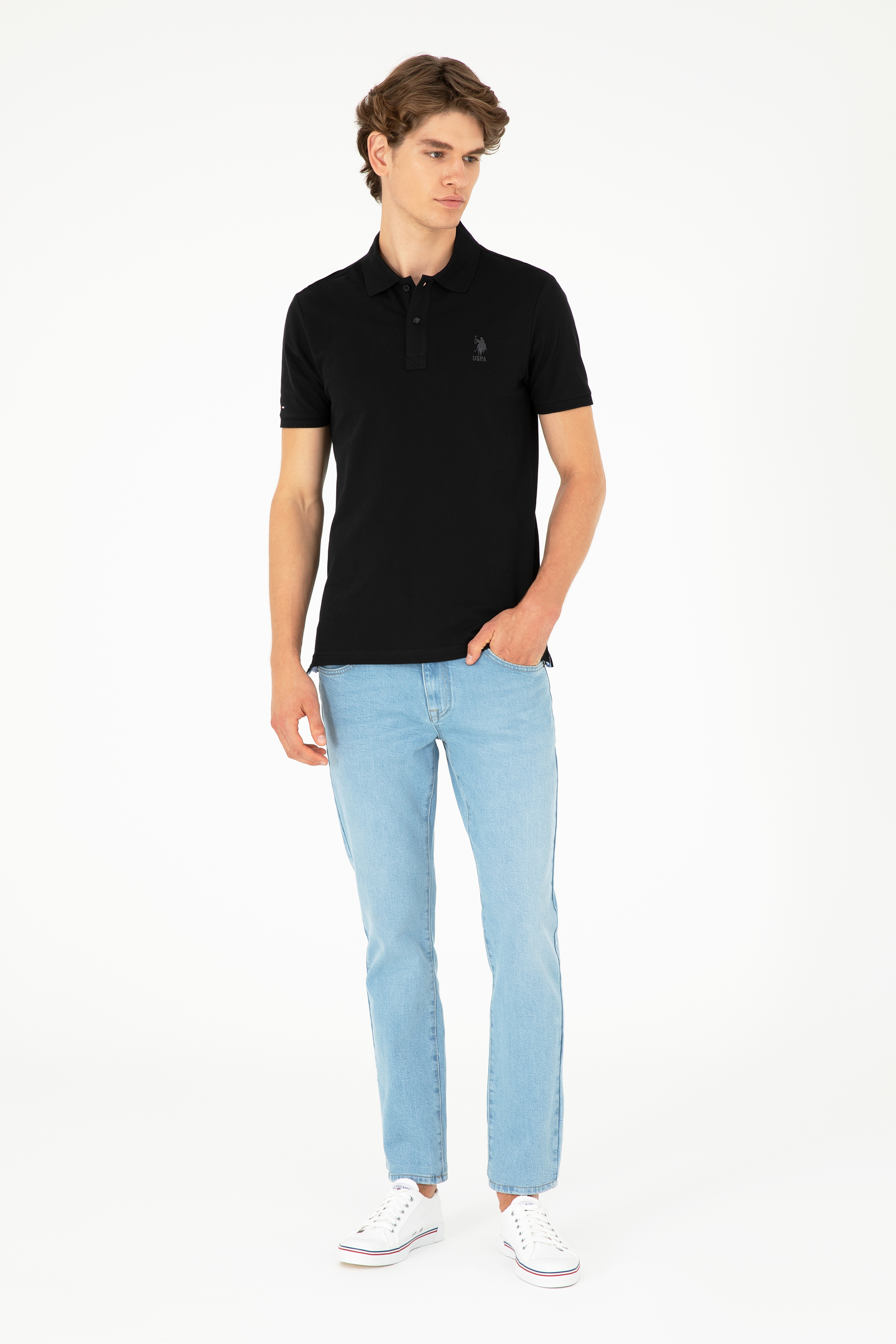 Erkek Slim Fit Polo Yaka Siyah Basic Tişört - Image 4