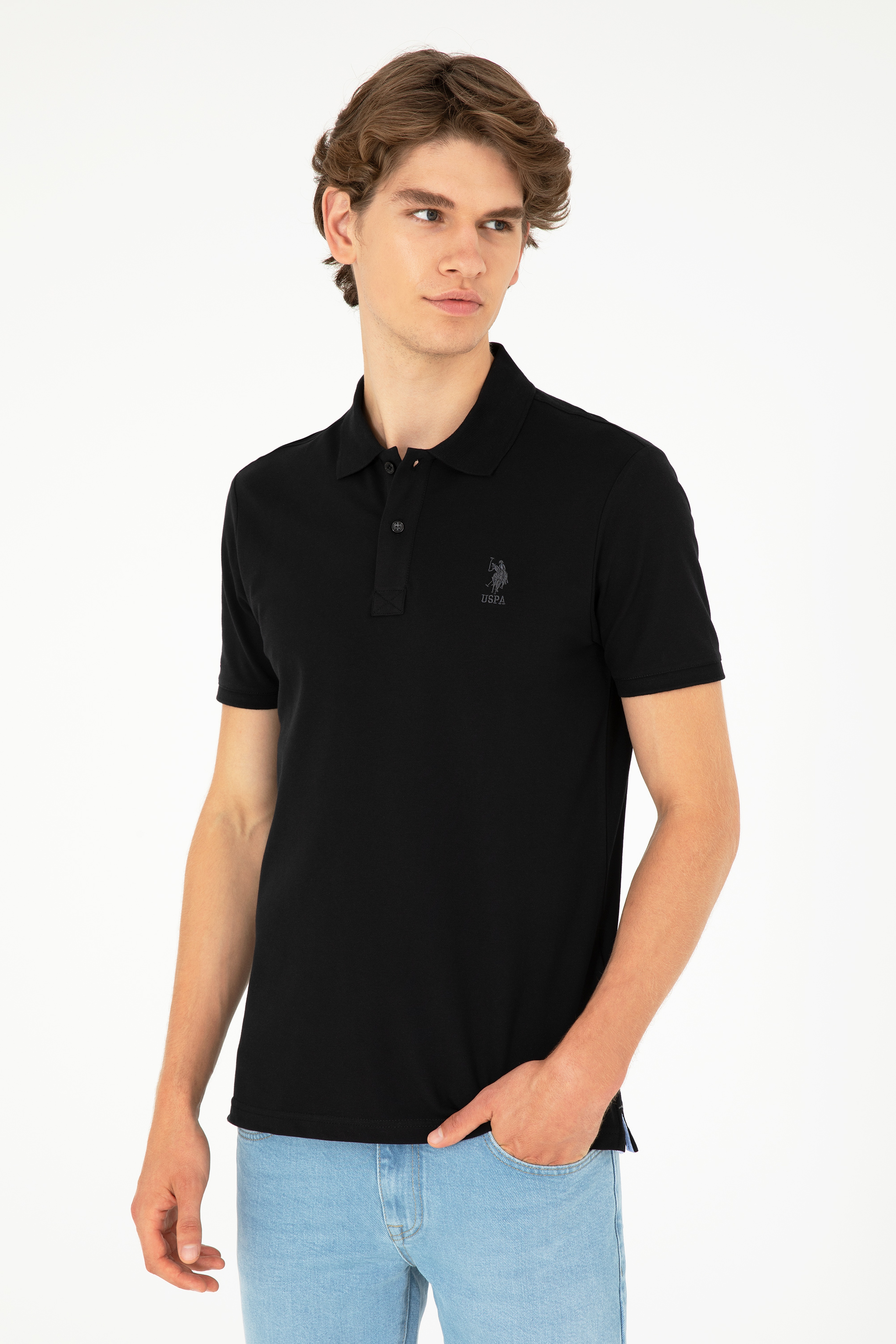 Erkek Slim Fit Polo Yaka Siyah Basic Tişört - Image 3