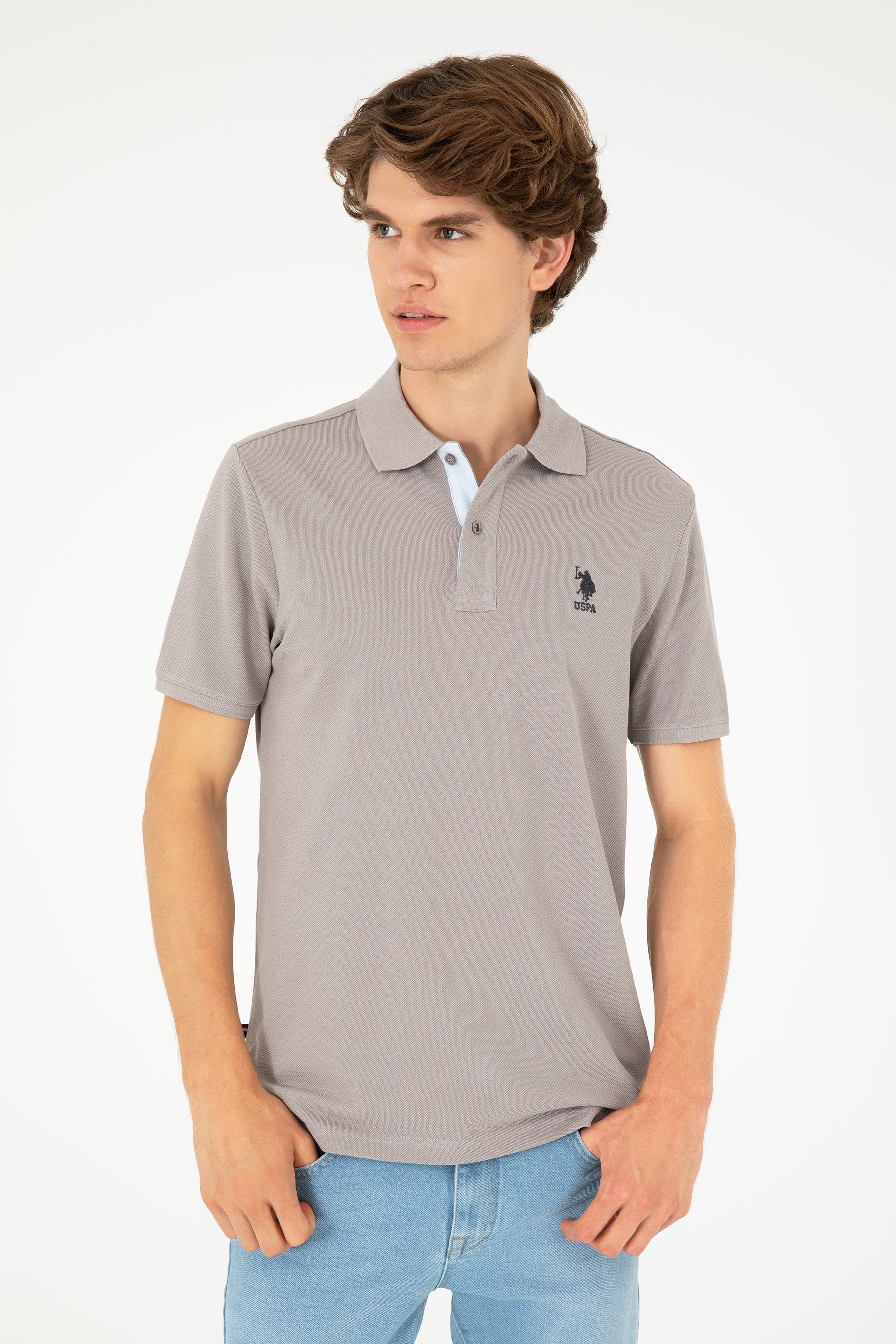 Erkek Regular Fit Polo Yaka Koyu Gri Basic Tişört