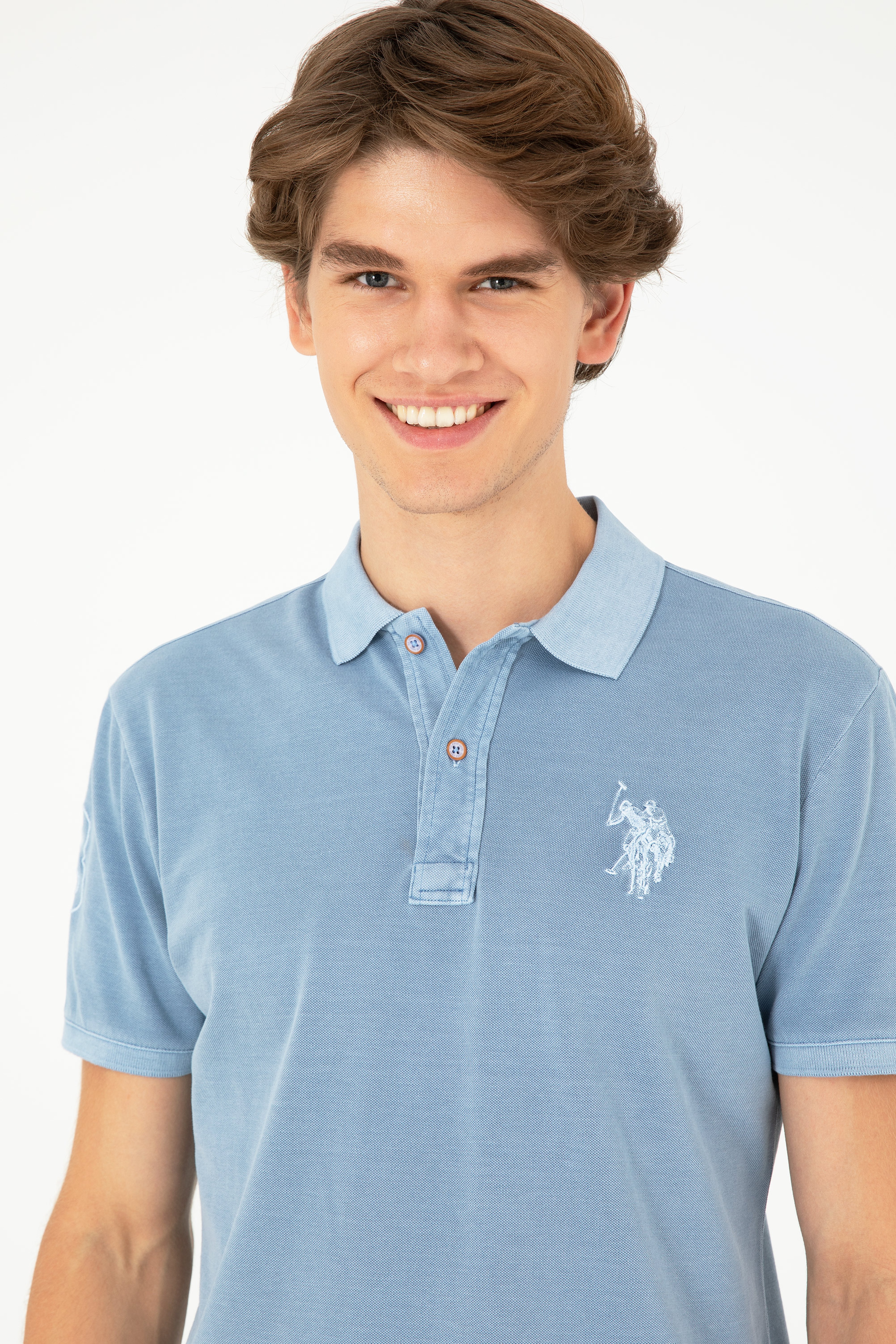Erkek Slim Fit Polo Yaka İndigo Basic Tişört - Image 2