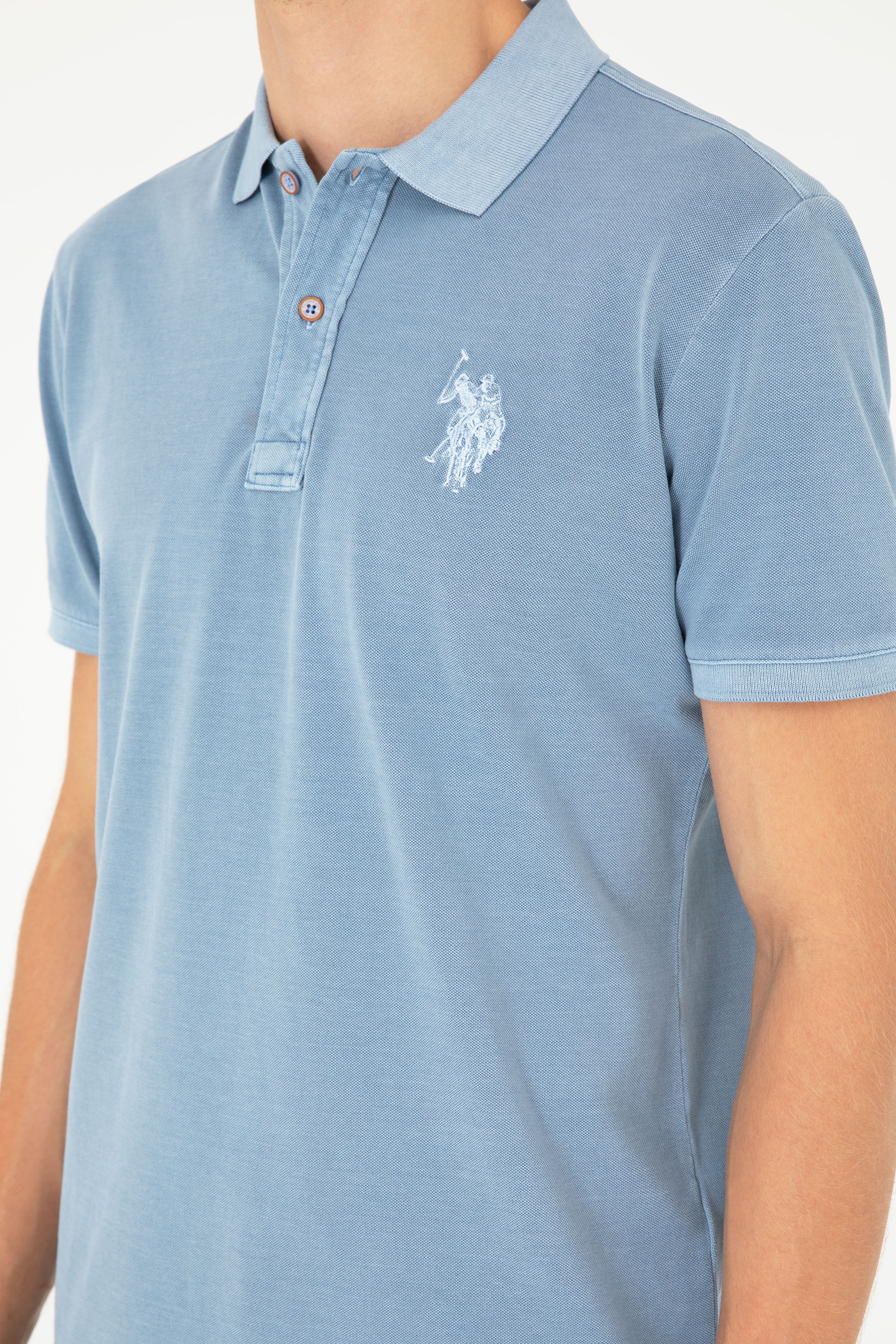 Erkek Slim Fit Polo Yaka İndigo Basic Tişört - Image 7