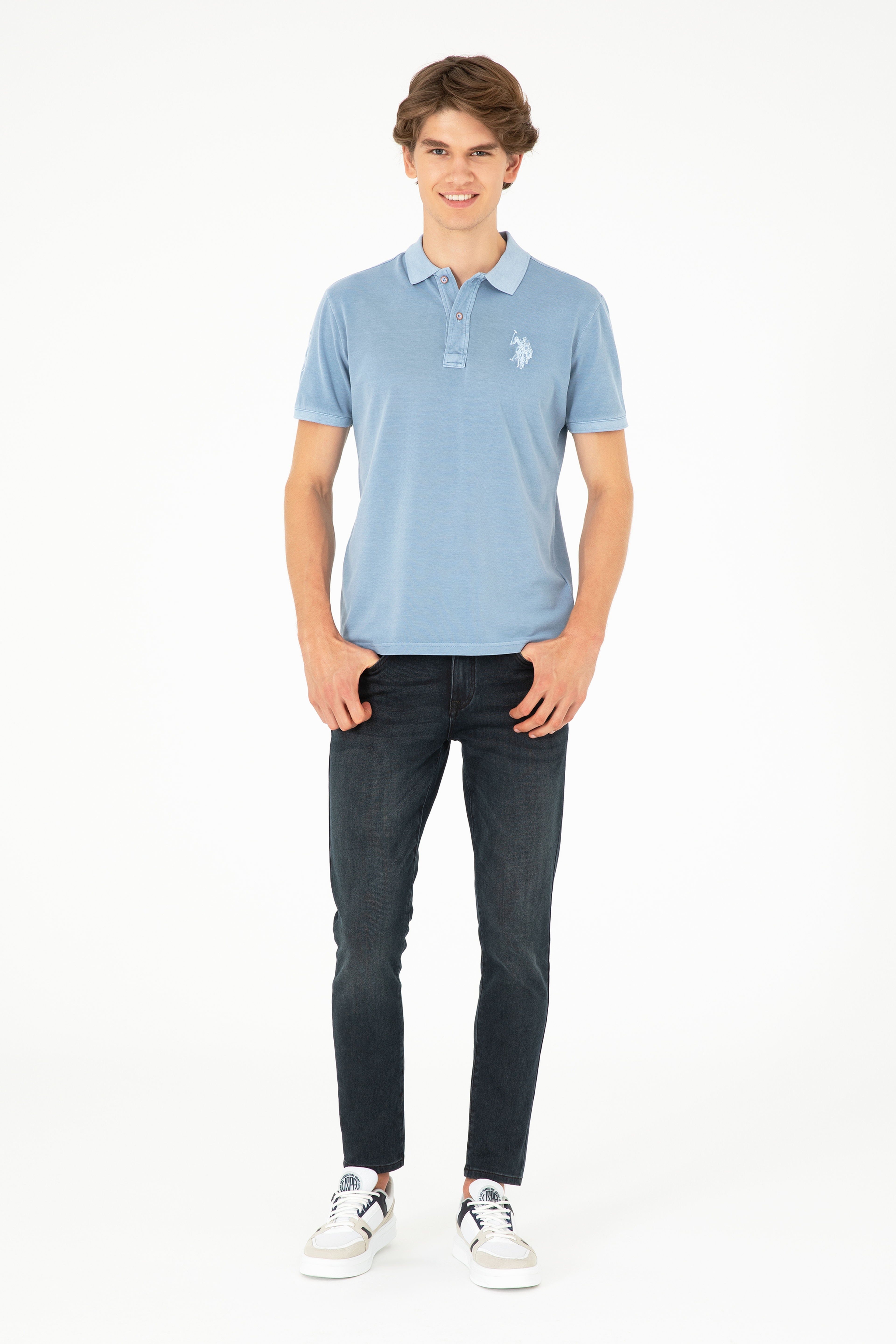 Erkek Slim Fit Polo Yaka İndigo Basic Tişört - Image 4