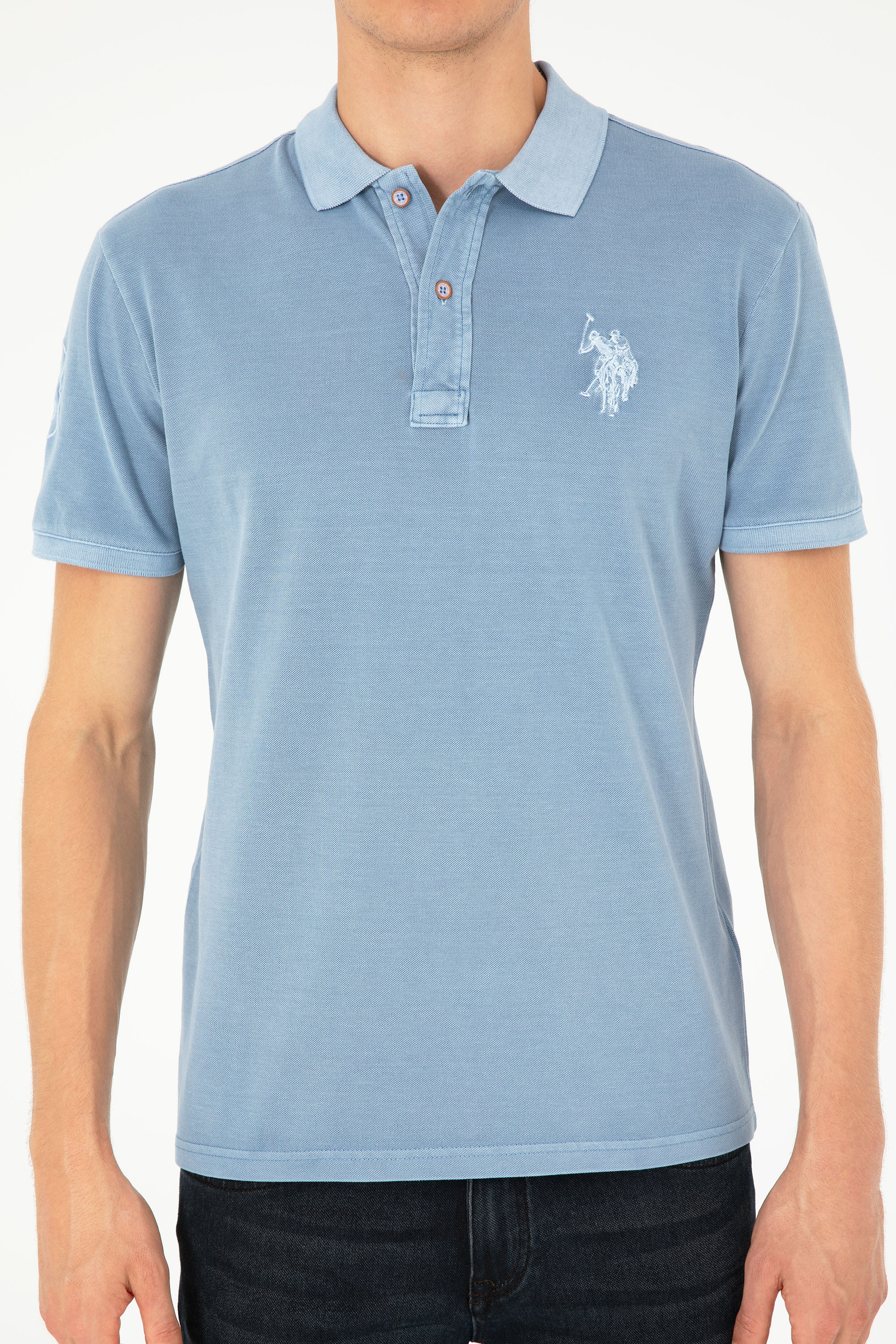 Erkek Slim Fit Polo Yaka İndigo Basic Tişört - Image 6
