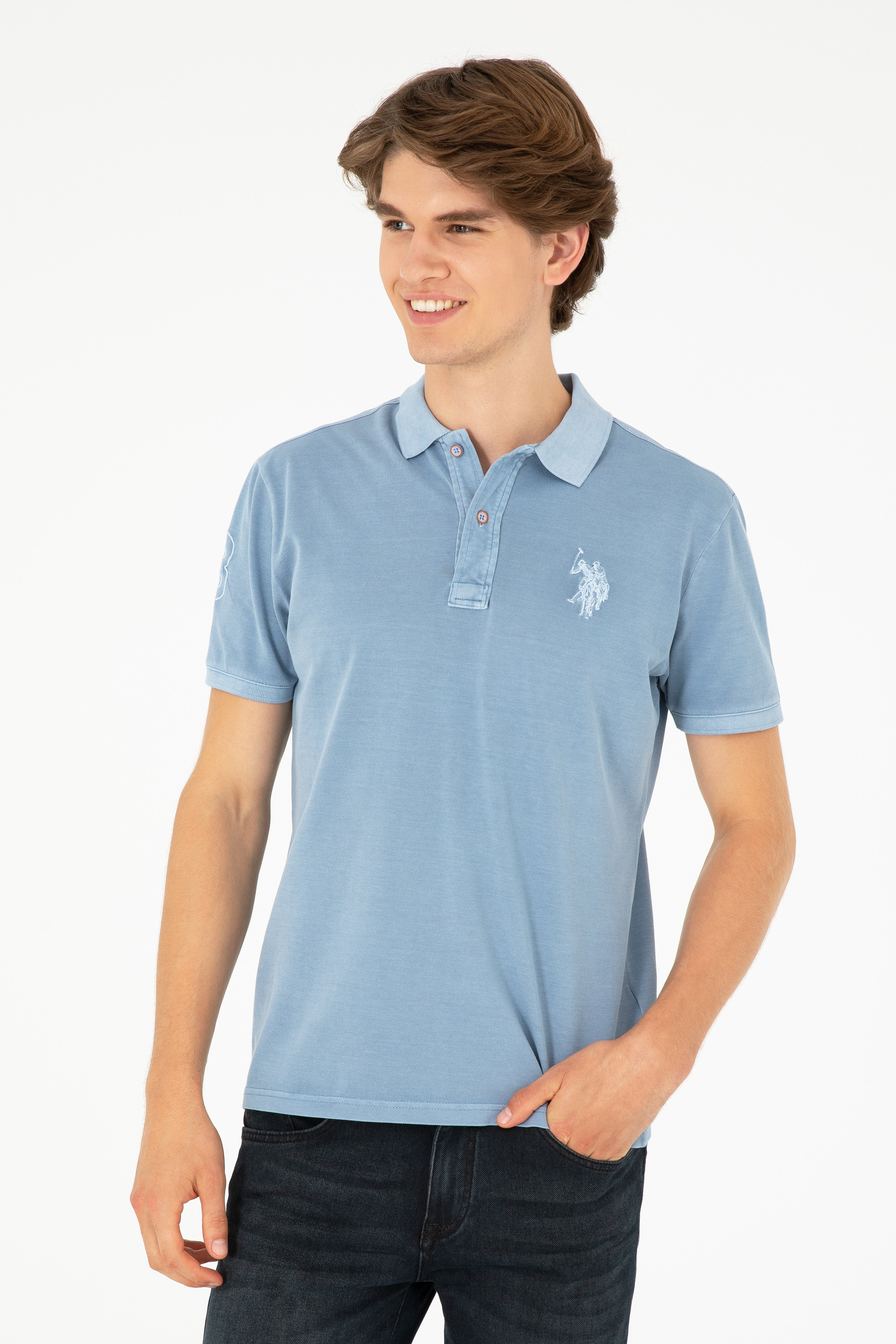 Erkek Slim Fit Polo Yaka İndigo Basic Tişört - Image 1