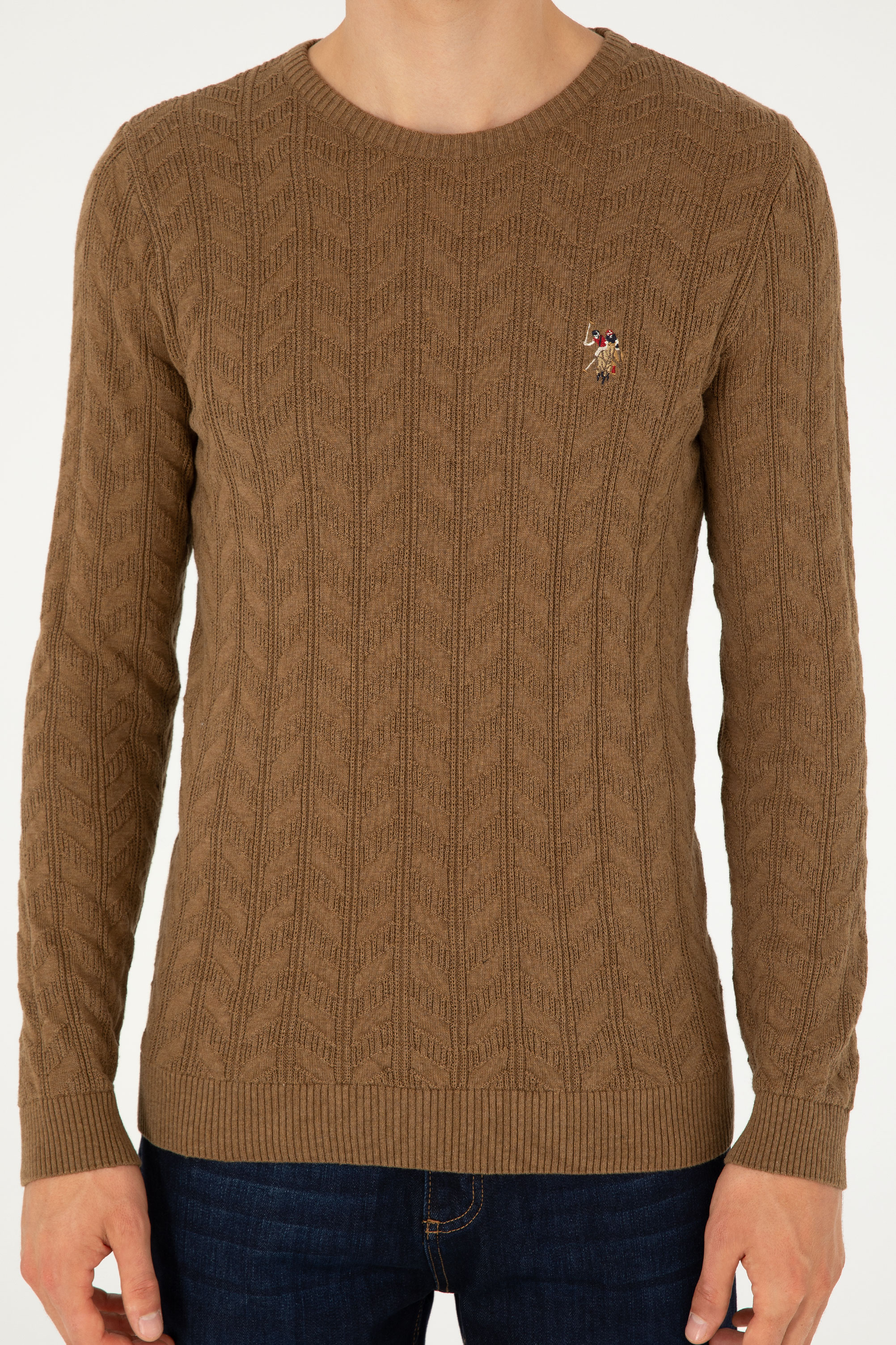 Erkek Slim Fit Bisiklet Yaka Haki Melanj Basic Kazak - Image 6