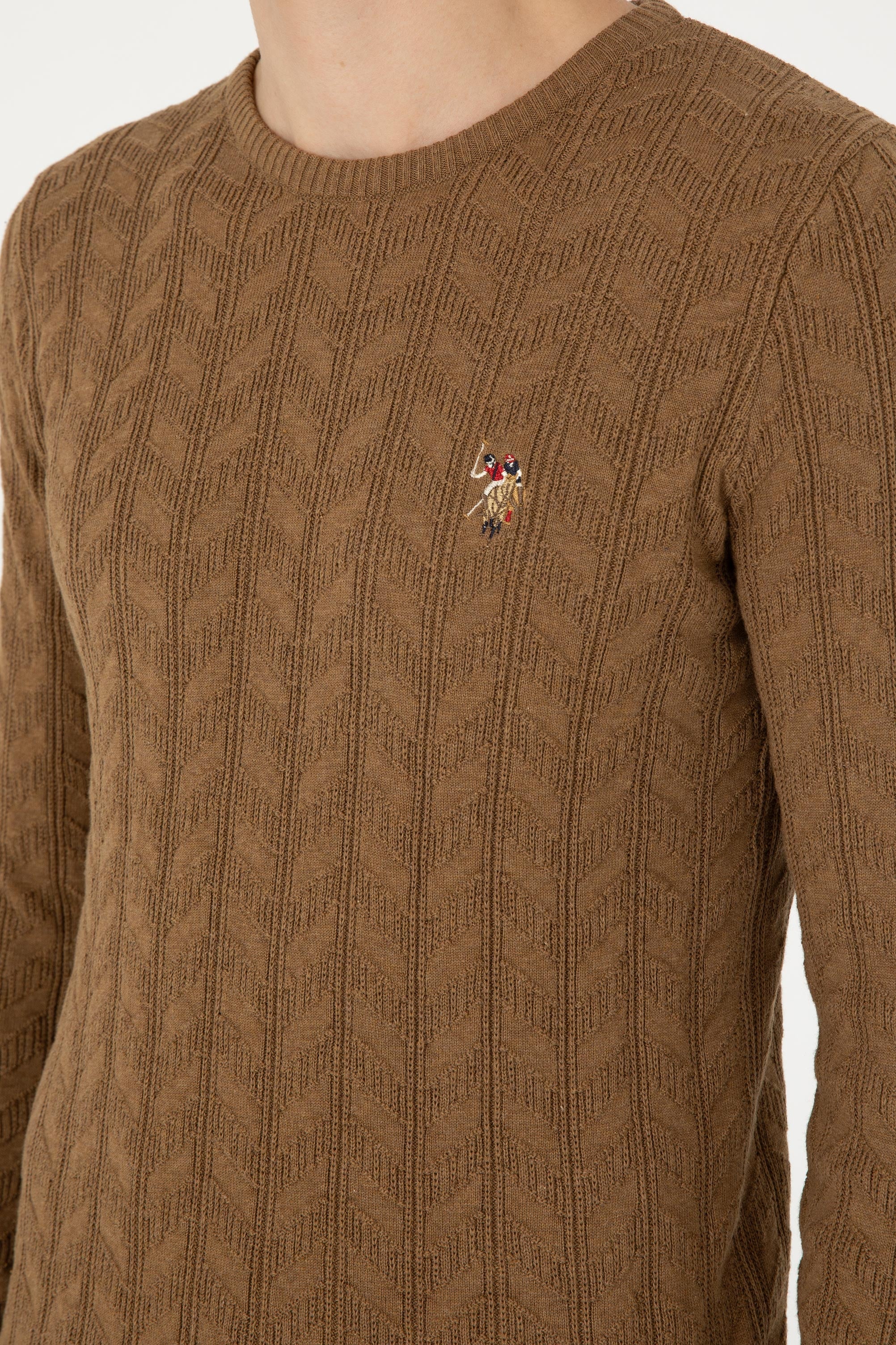 Erkek Slim Fit Bisiklet Yaka Haki Melanj Basic Kazak