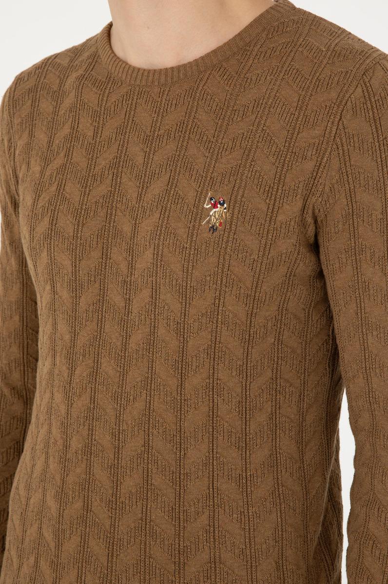 Erkek Slim Fit Bisiklet Yaka Haki Melanj Basic Kazak