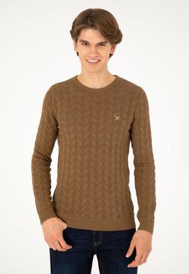 Erkek Slim Fit Bisiklet Yaka Haki Melanj Basic Kazak - 50288883010