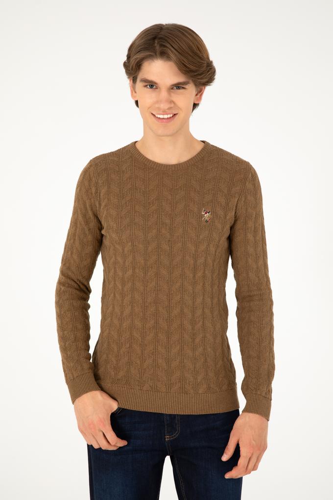 Erkek Slim Fit Bisiklet Yaka Haki Melanj Basic Kazak