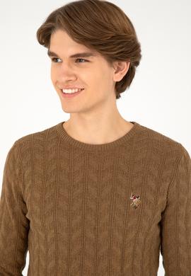 Erkek Slim Fit Bisiklet Yaka Haki Melanj Basic Kazak - 50288883010