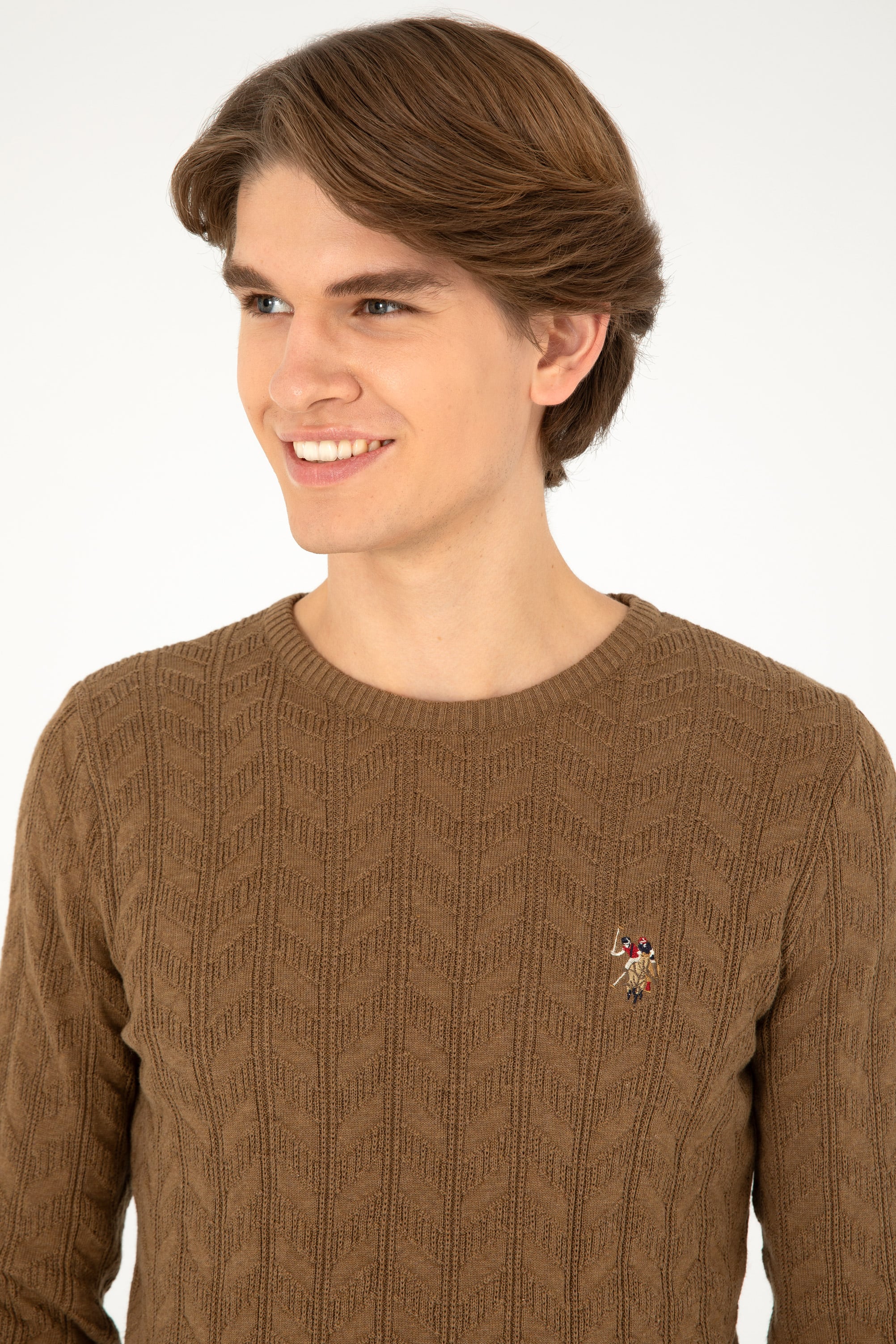 Erkek Slim Fit Bisiklet Yaka Haki Melanj Basic Kazak - Image 2