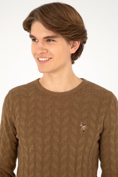 Erkek Slim Fit Bisiklet Yaka Haki Melanj Basic Kazak