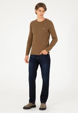 Erkek Slim Fit Bisiklet Yaka Haki Melanj Basic Kazak - 50288883010