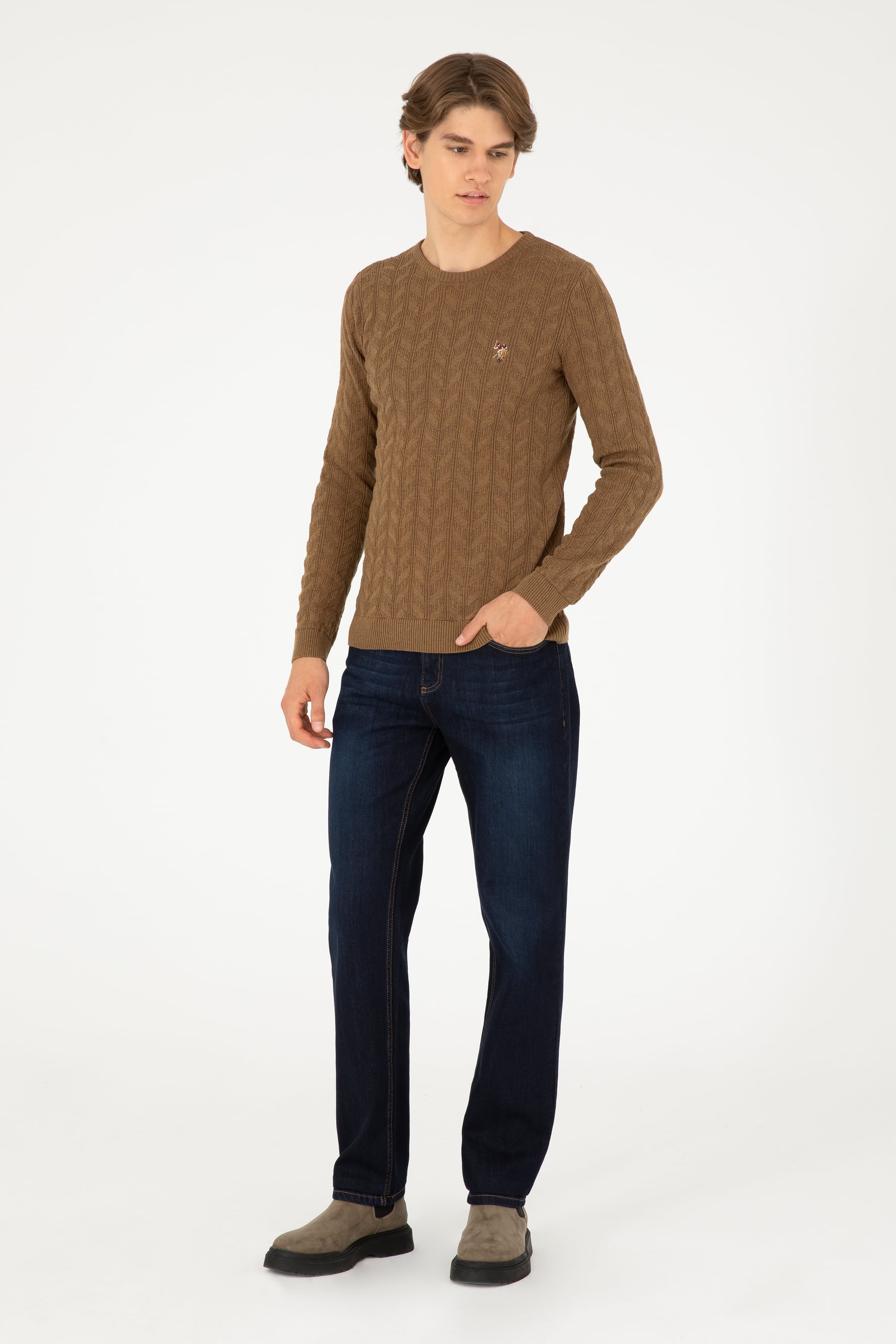 Erkek Slim Fit Bisiklet Yaka Haki Melanj Basic Kazak - Image 4