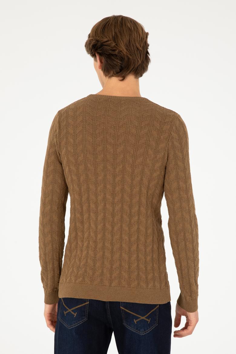 Erkek Slim Fit Bisiklet Yaka Haki Melanj Basic Kazak - 50288883010