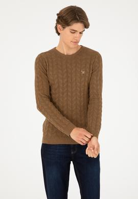 Erkek Slim Fit Bisiklet Yaka Haki Melanj Basic Kazak - 50288883010