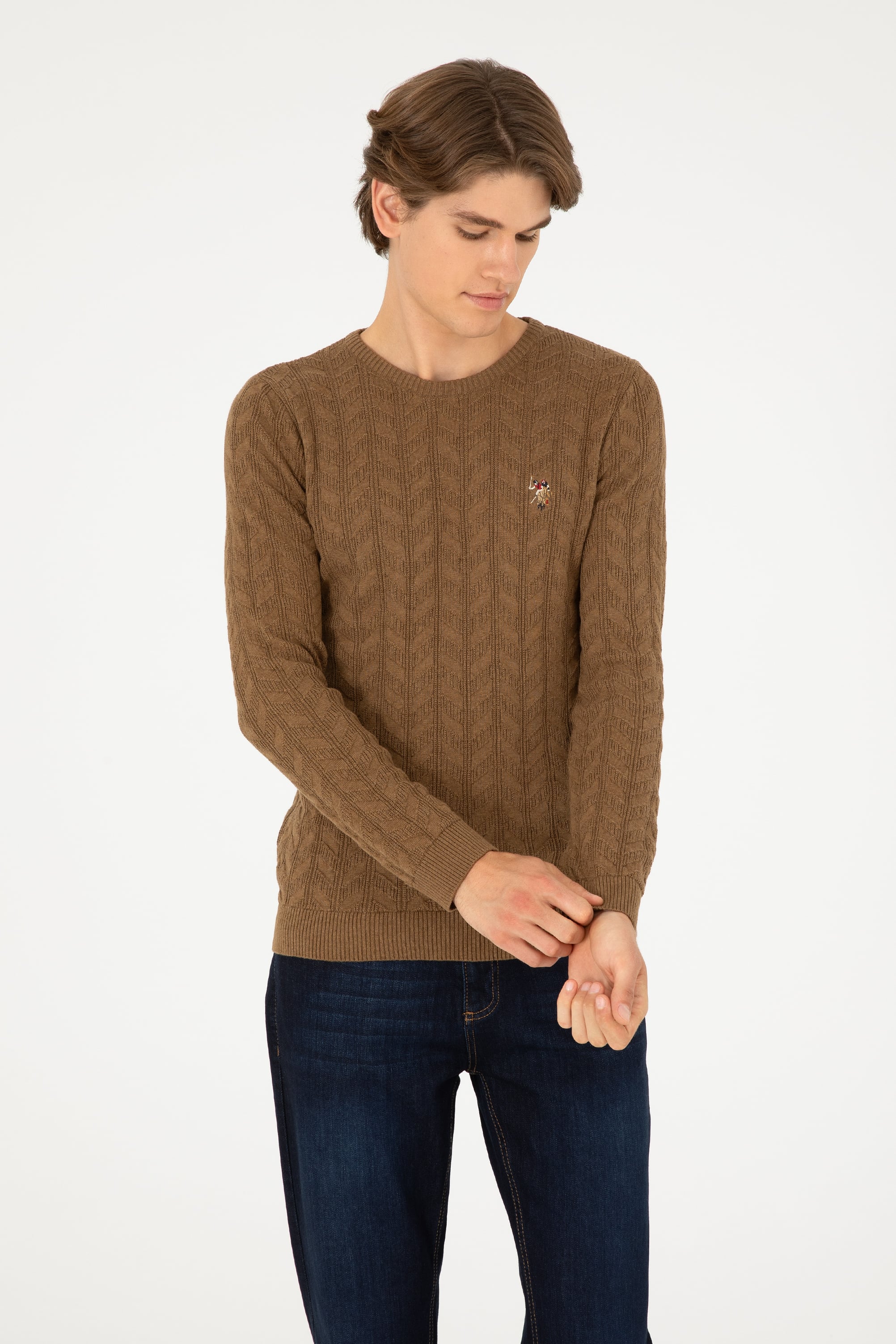 Erkek Slim Fit Bisiklet Yaka Haki Melanj Basic Kazak - Image 3