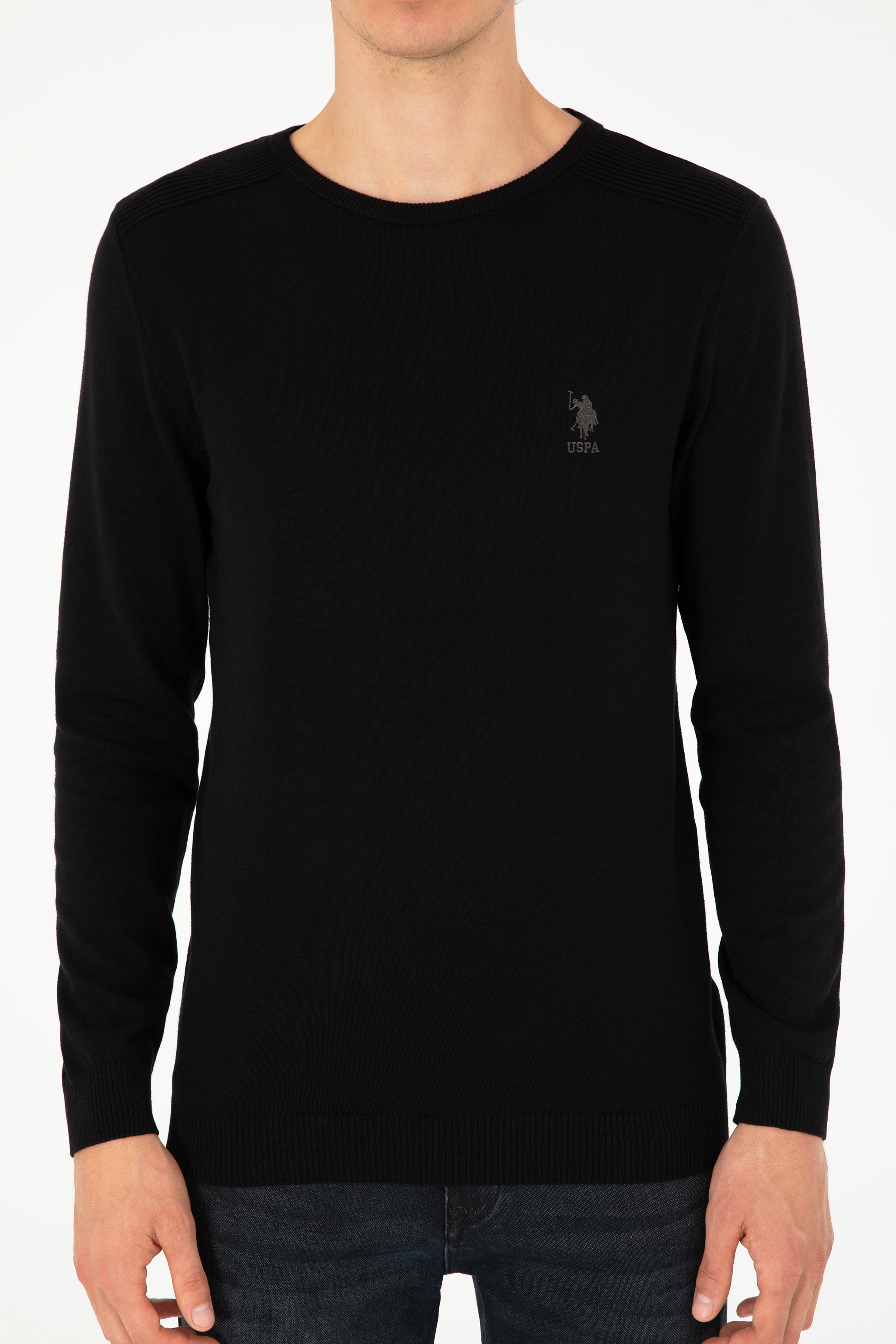 Erkek Slim Fit Bisiklet Yaka Siyah Basic Kazak