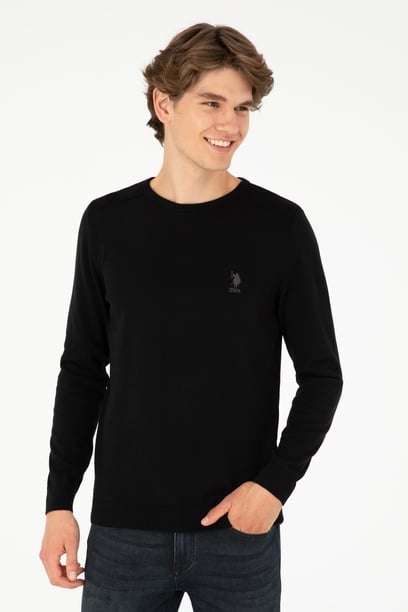 Erkek Slim Fit Bisiklet Yaka Siyah Basic Kazak