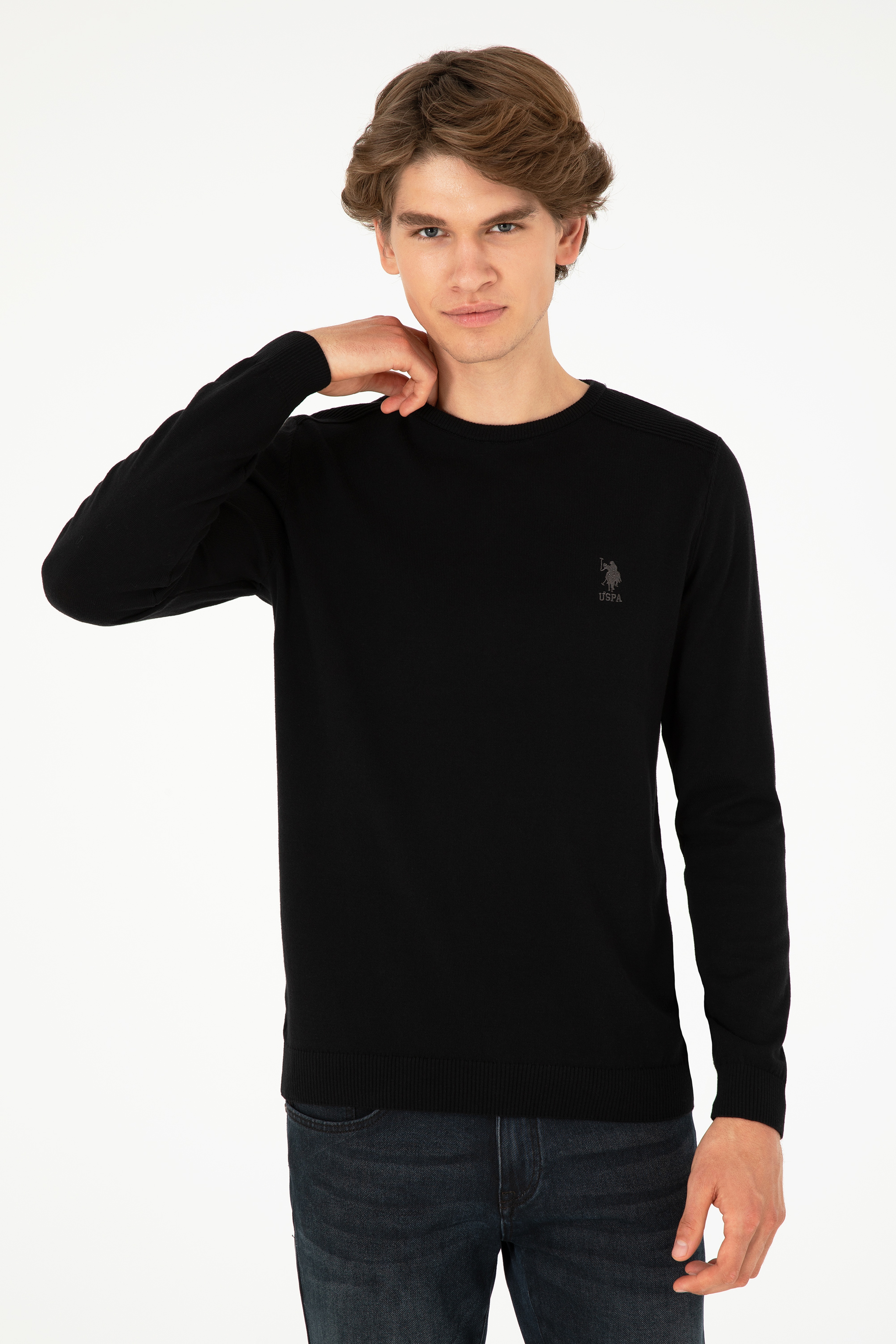 Erkek Slim Fit Bisiklet Yaka Siyah Basic Kazak