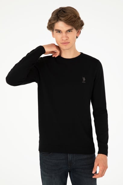 Erkek Slim Fit Bisiklet Yaka Siyah Basic Kazak