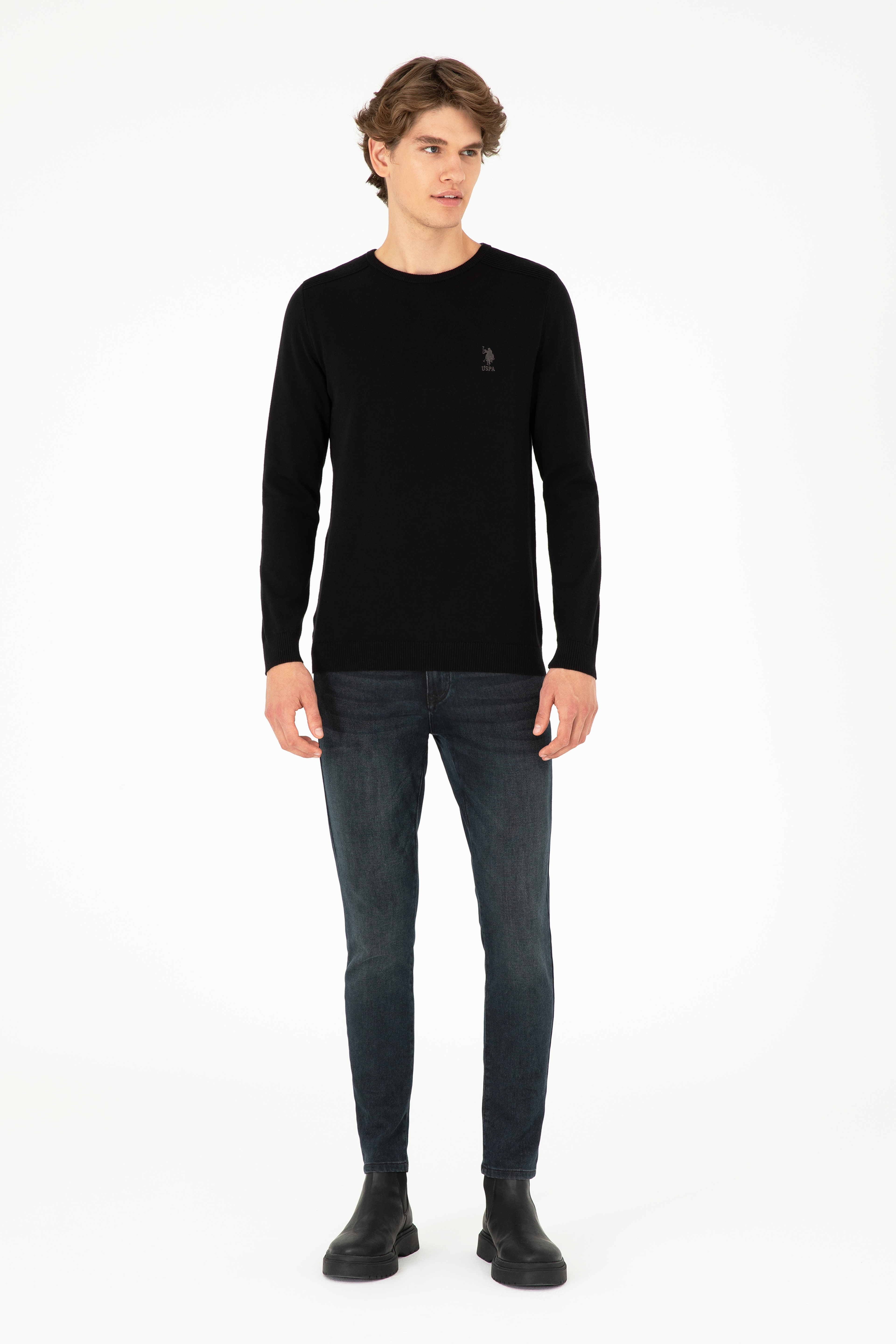 Erkek Slim Fit Bisiklet Yaka Siyah Basic Kazak