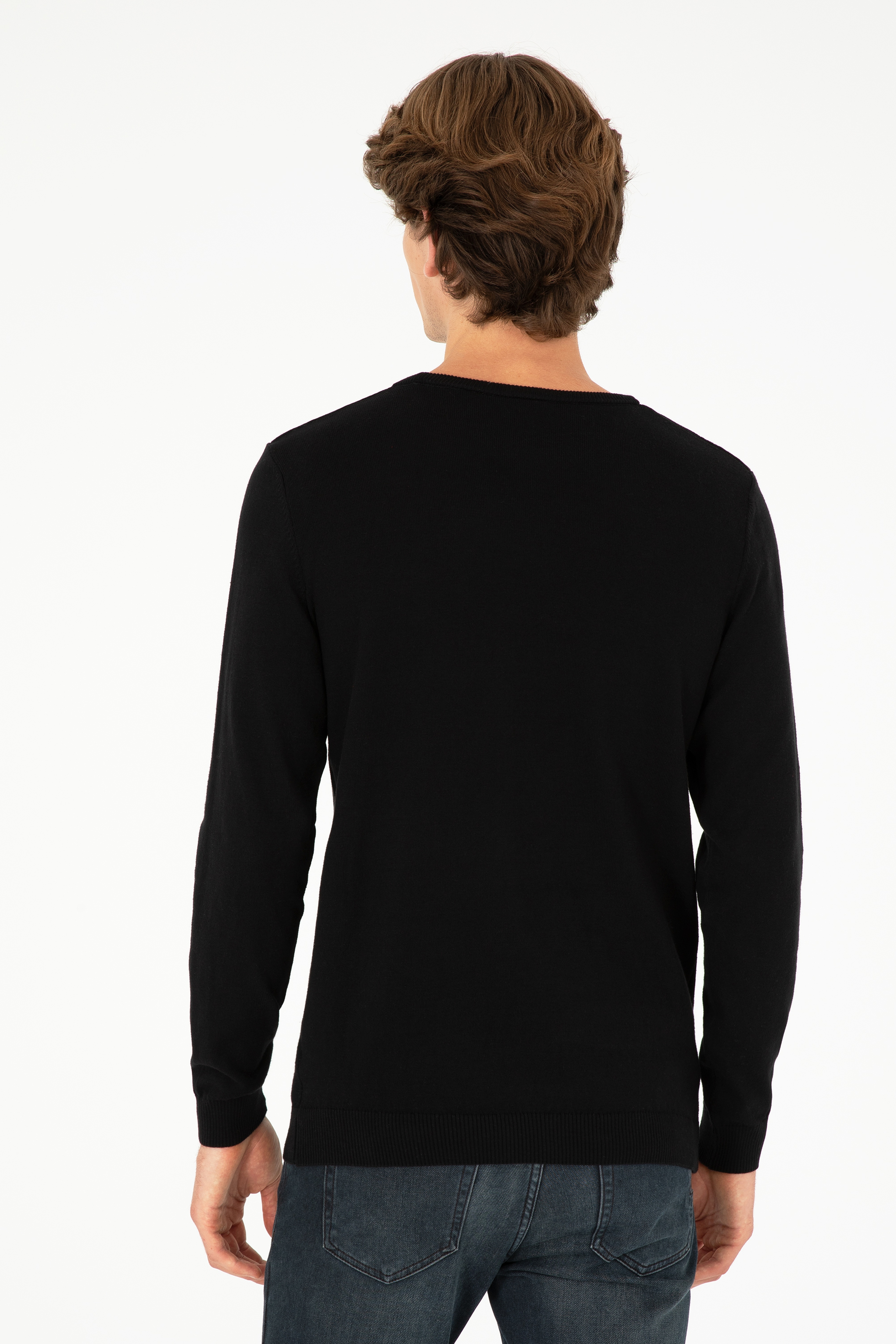 Erkek Slim Fit Bisiklet Yaka Siyah Basic Kazak