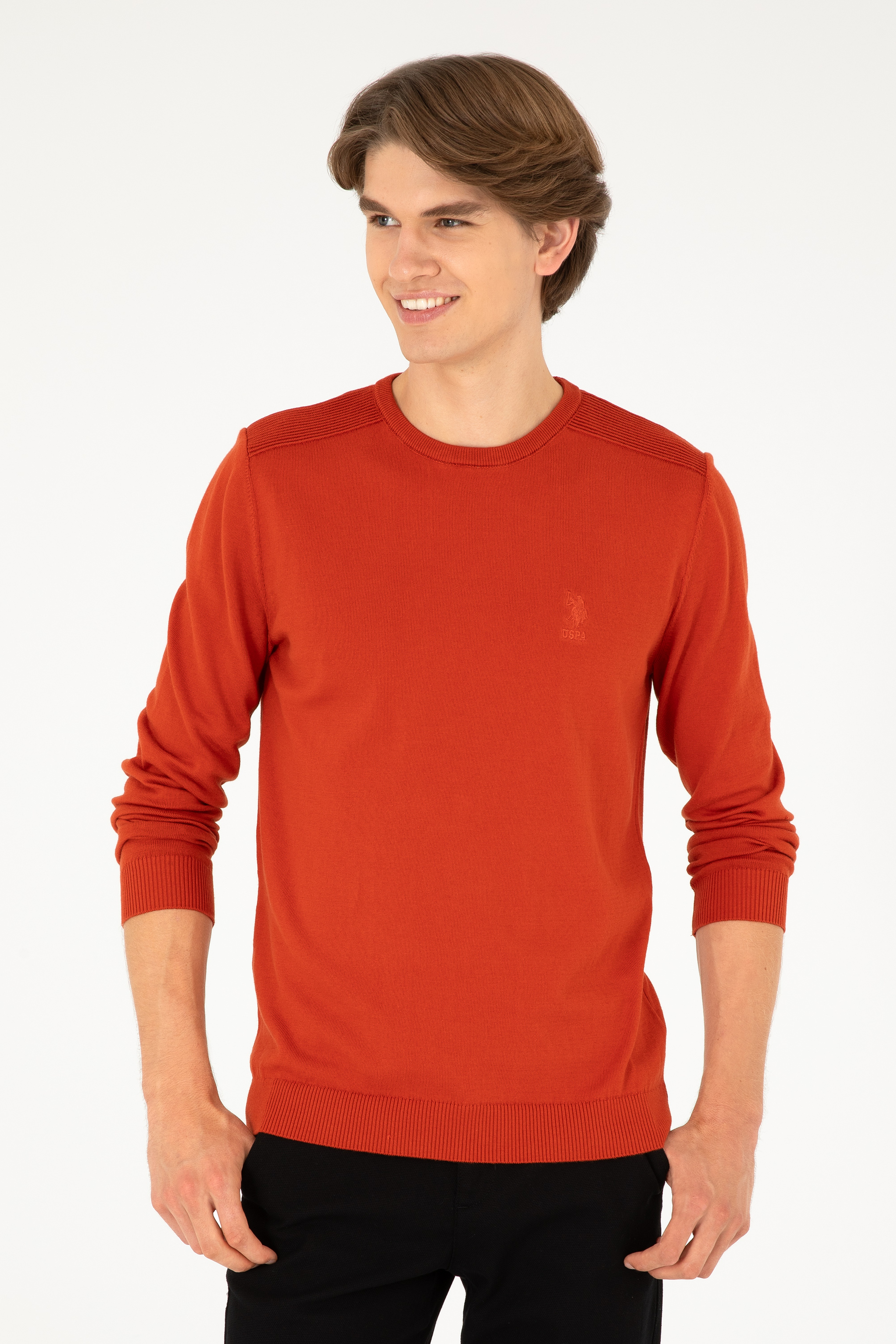 Erkek Slim Fit Bisiklet Yaka Kiremit Basic Kazak - Image 3