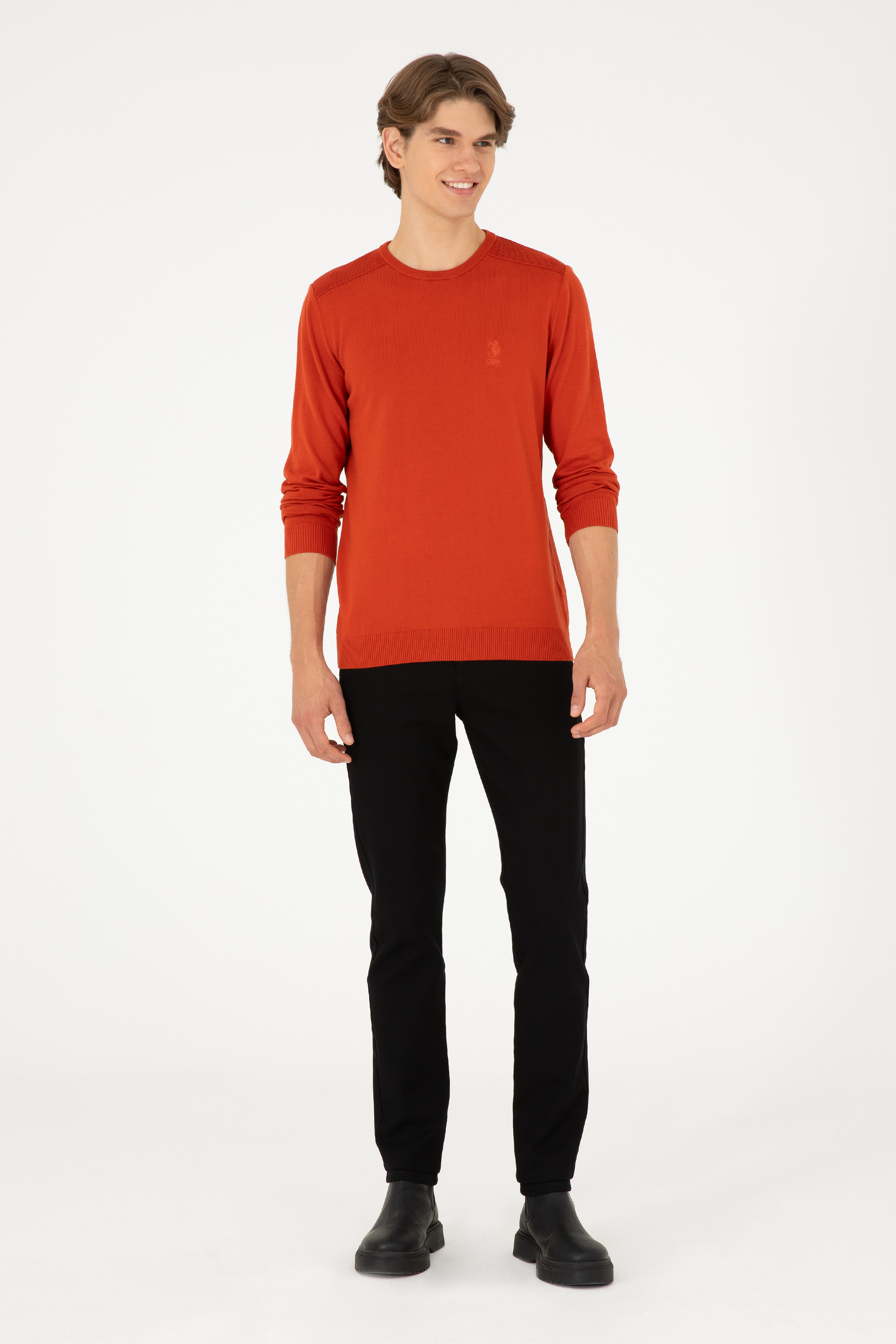 Erkek Slim Fit Bisiklet Yaka Kiremit Basic Kazak