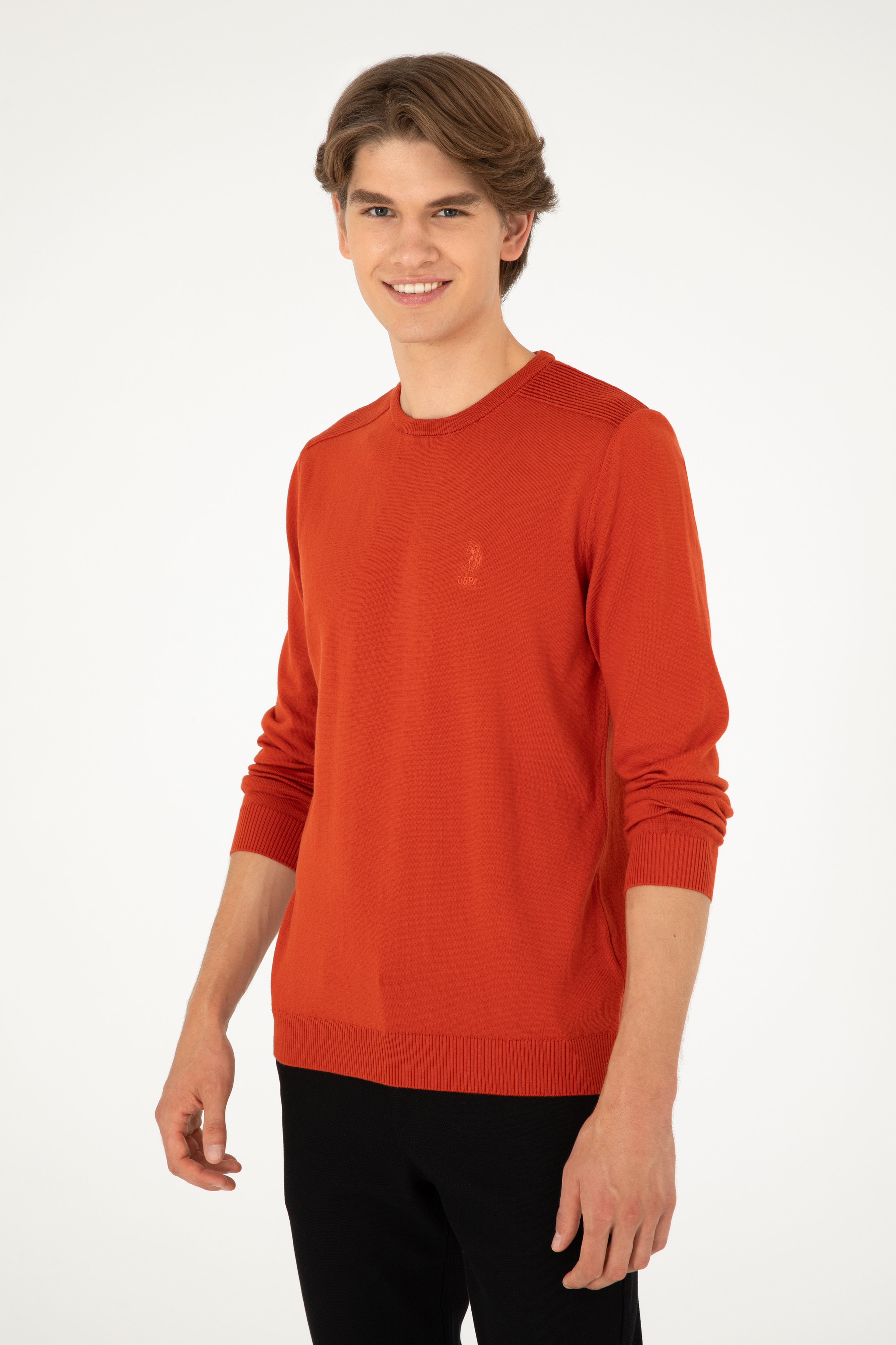 Erkek Slim Fit Bisiklet Yaka Kiremit Basic Kazak - Image 1