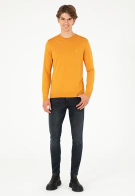Erkek Slim Fit Bisiklet Yaka Hardal Basic Kazak - 50288888059