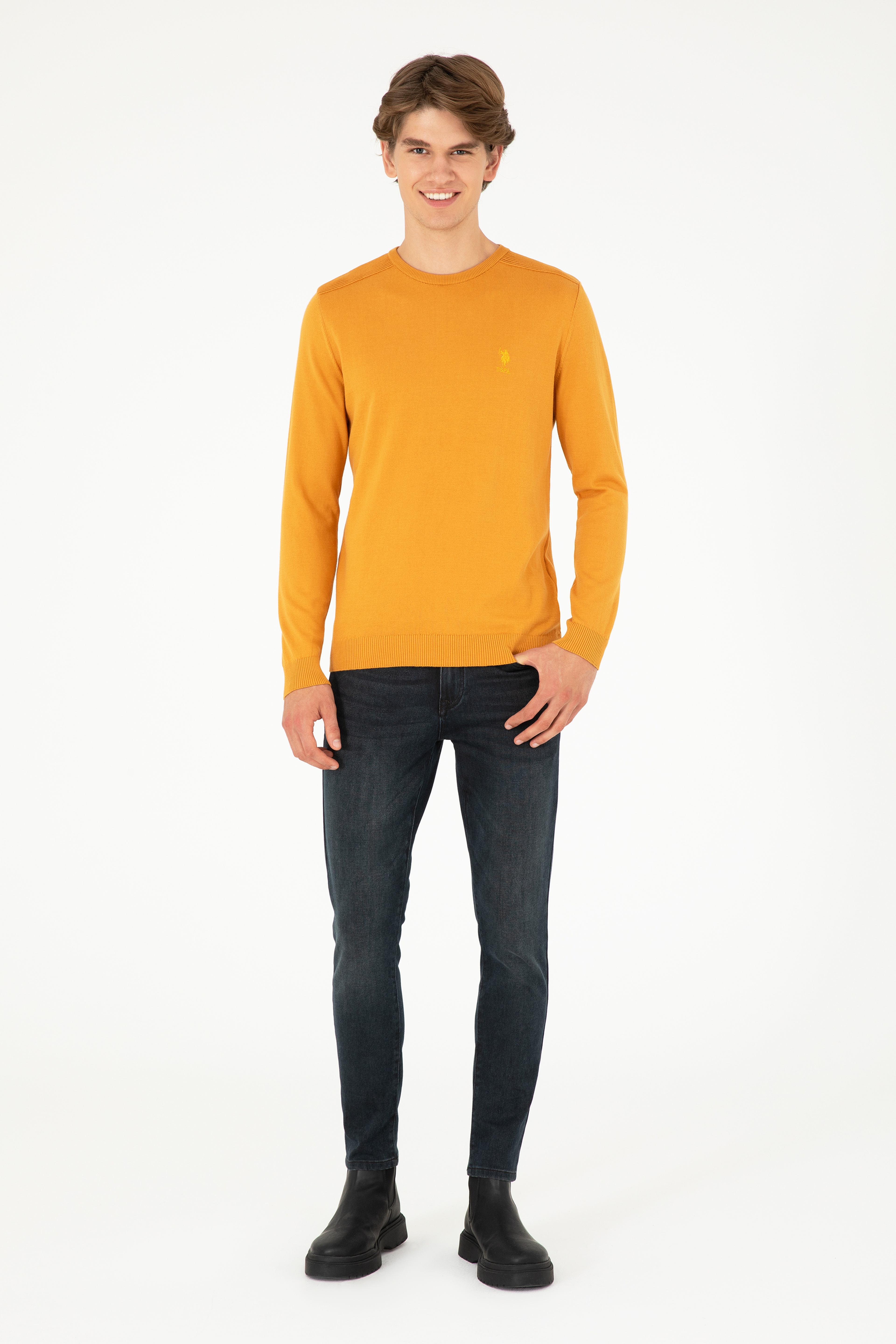 Erkek Slim Fit Bisiklet Yaka Hardal Basic Kazak - Image 4