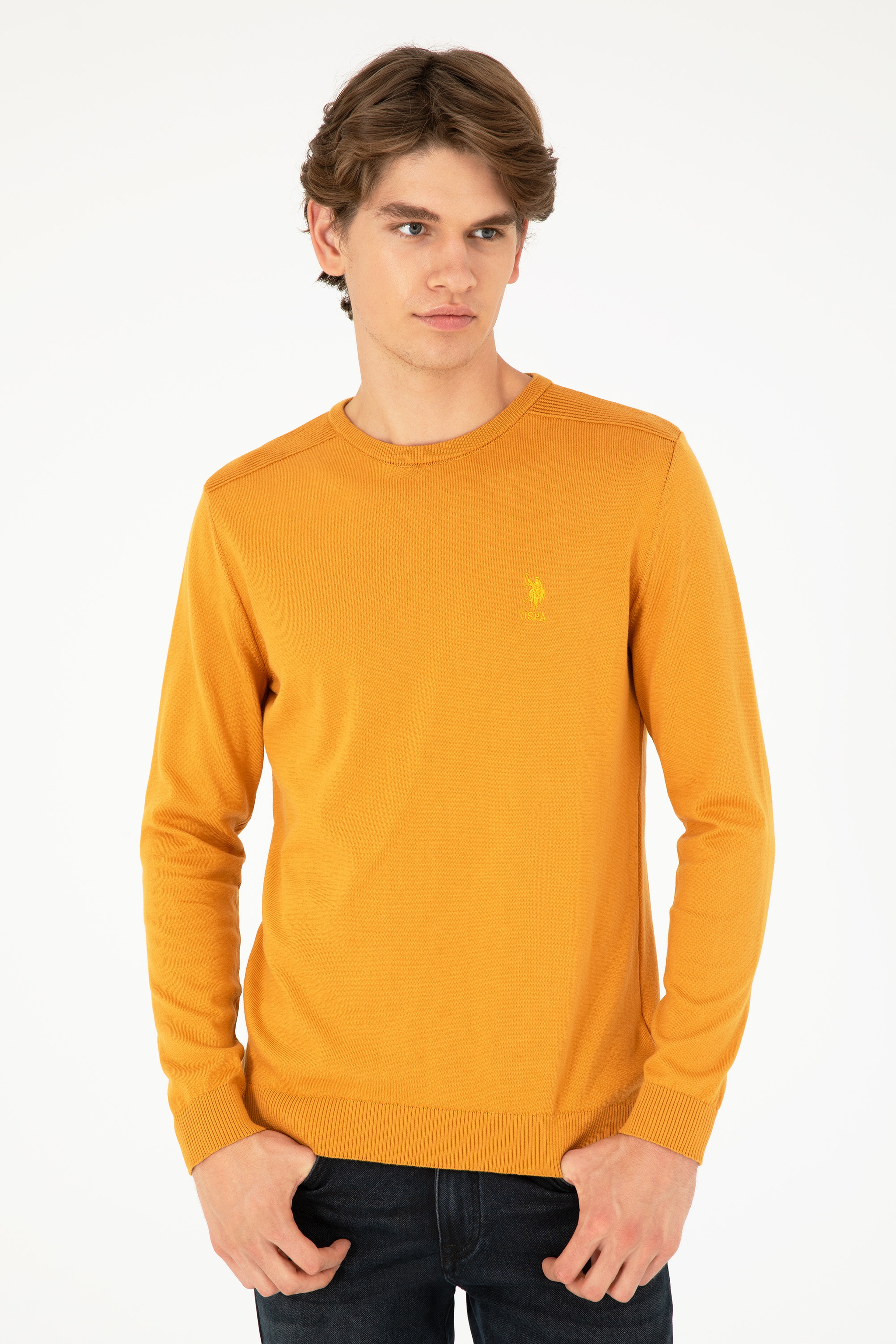 Erkek Slim Fit Bisiklet Yaka Hardal Basic Kazak