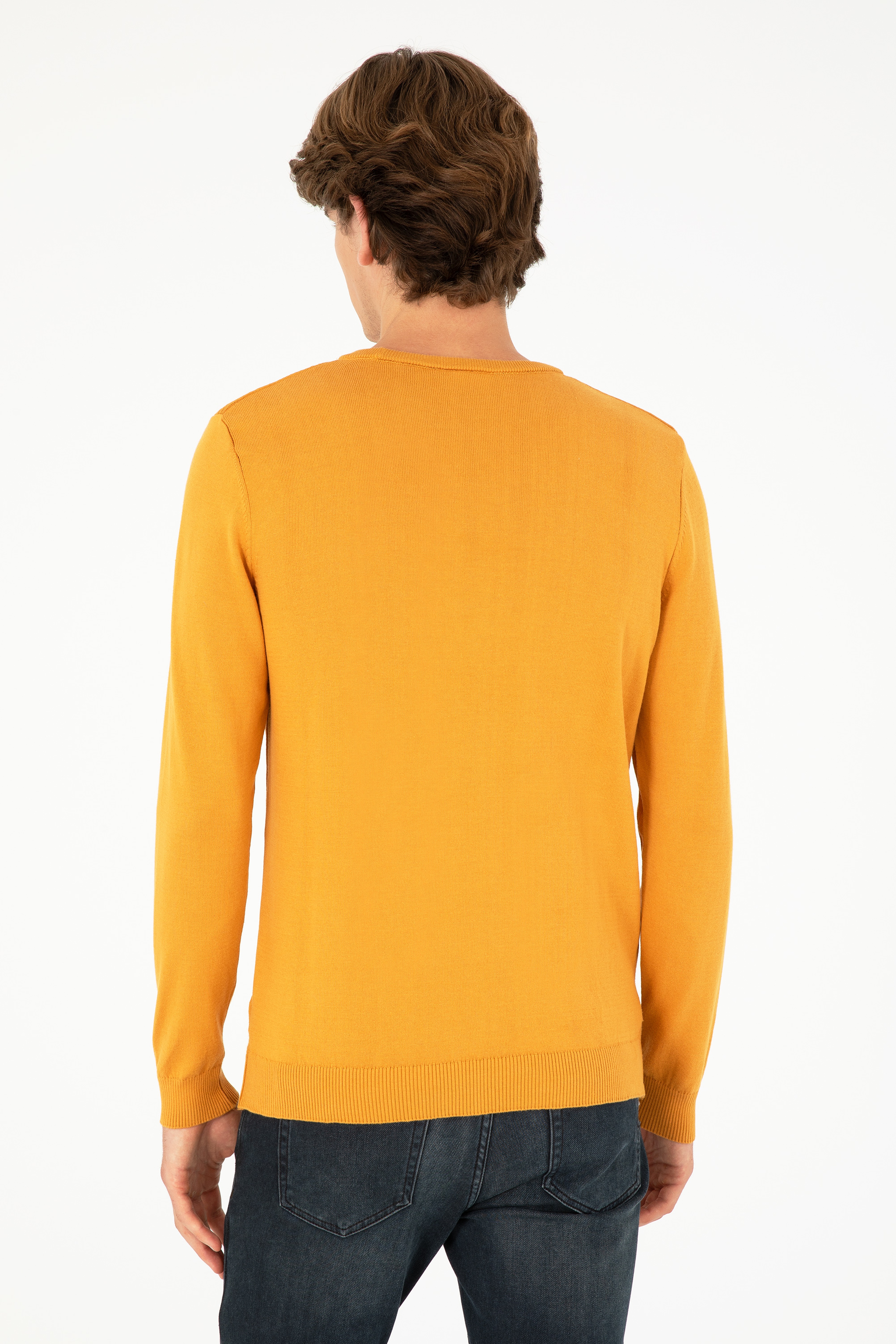Erkek Slim Fit Bisiklet Yaka Hardal Basic Kazak - Image 5