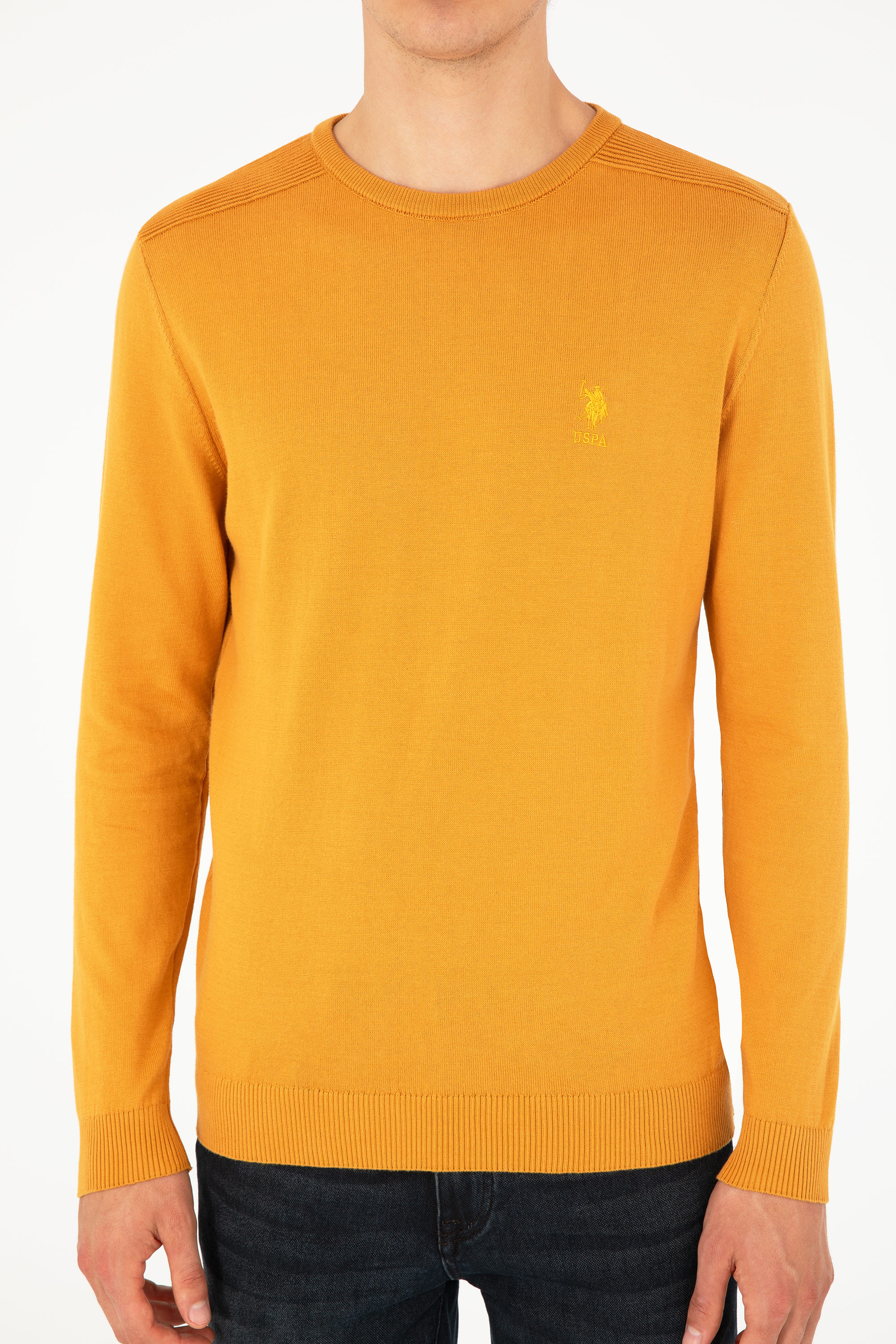 Erkek Slim Fit Bisiklet Yaka Hardal Basic Kazak