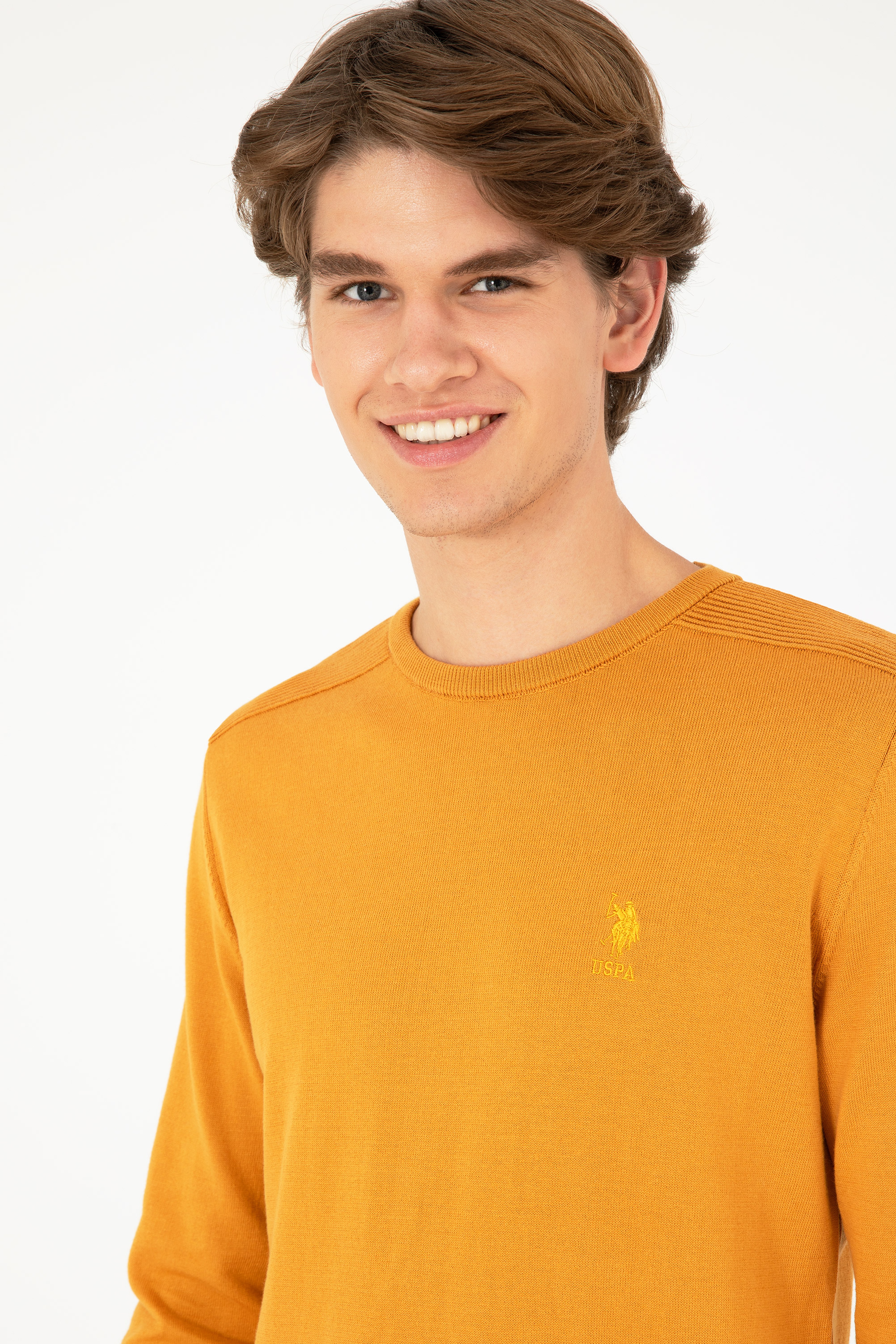 Erkek Slim Fit Bisiklet Yaka Hardal Basic Kazak - Image 2