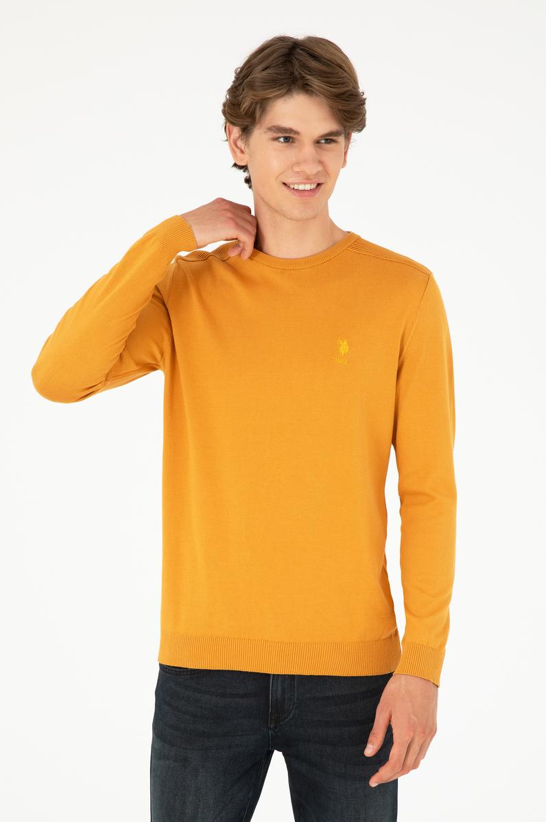 Erkek Slim Fit Bisiklet Yaka Hardal Basic Kazak